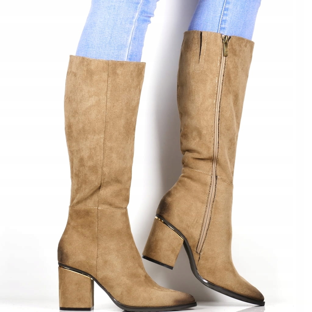 iButy Kozačky Na Podpatku Ke Kolenům Béžové Semišové