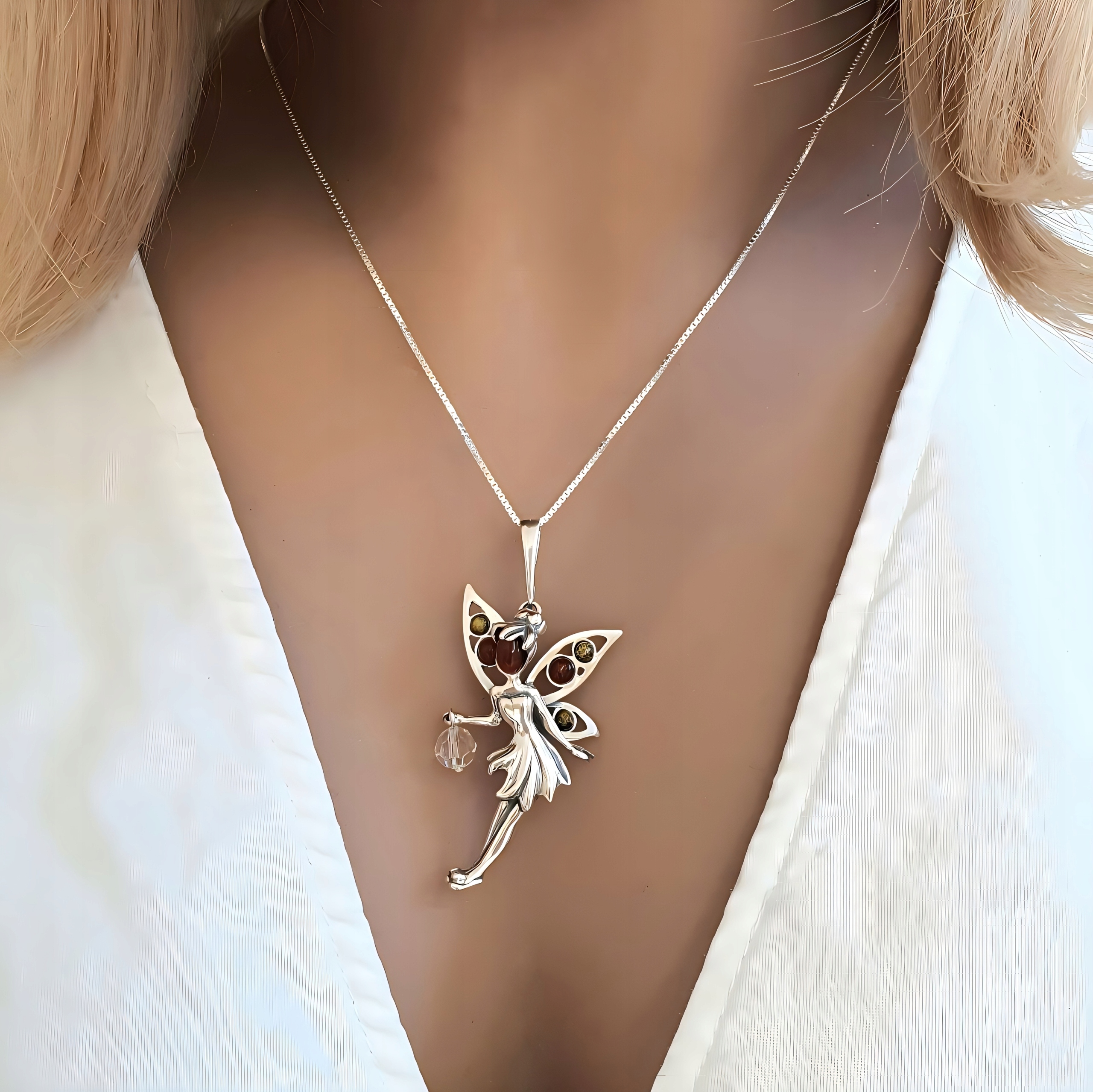 ELF SREBRNA ZAWIESZKA WRÓŻKA WISIOR Z BURSZTYNEM