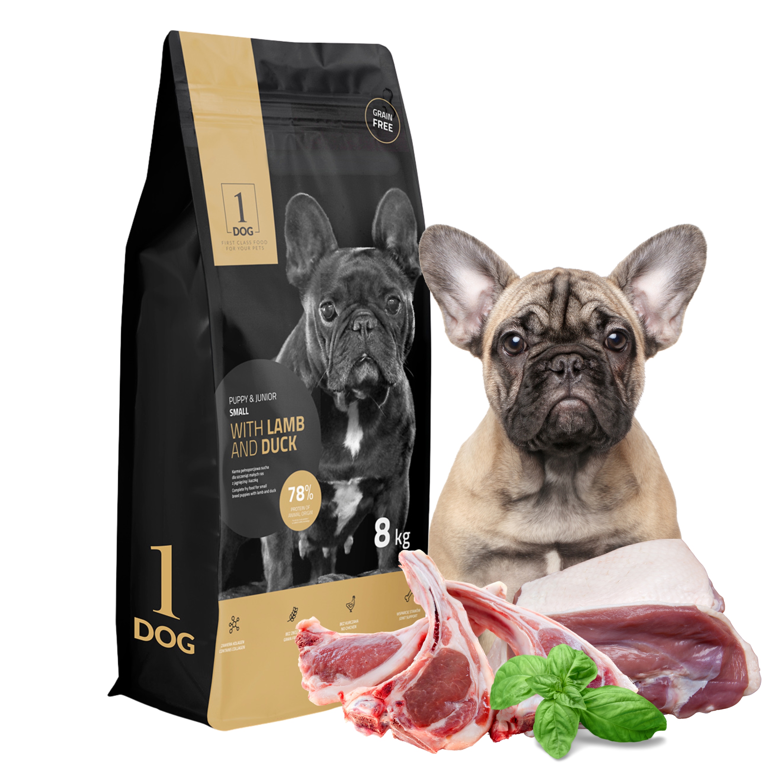 Sucha karma dla szczeniąt jagnięcina kaczka mała rasa 8kg 1DOG bez zbóż