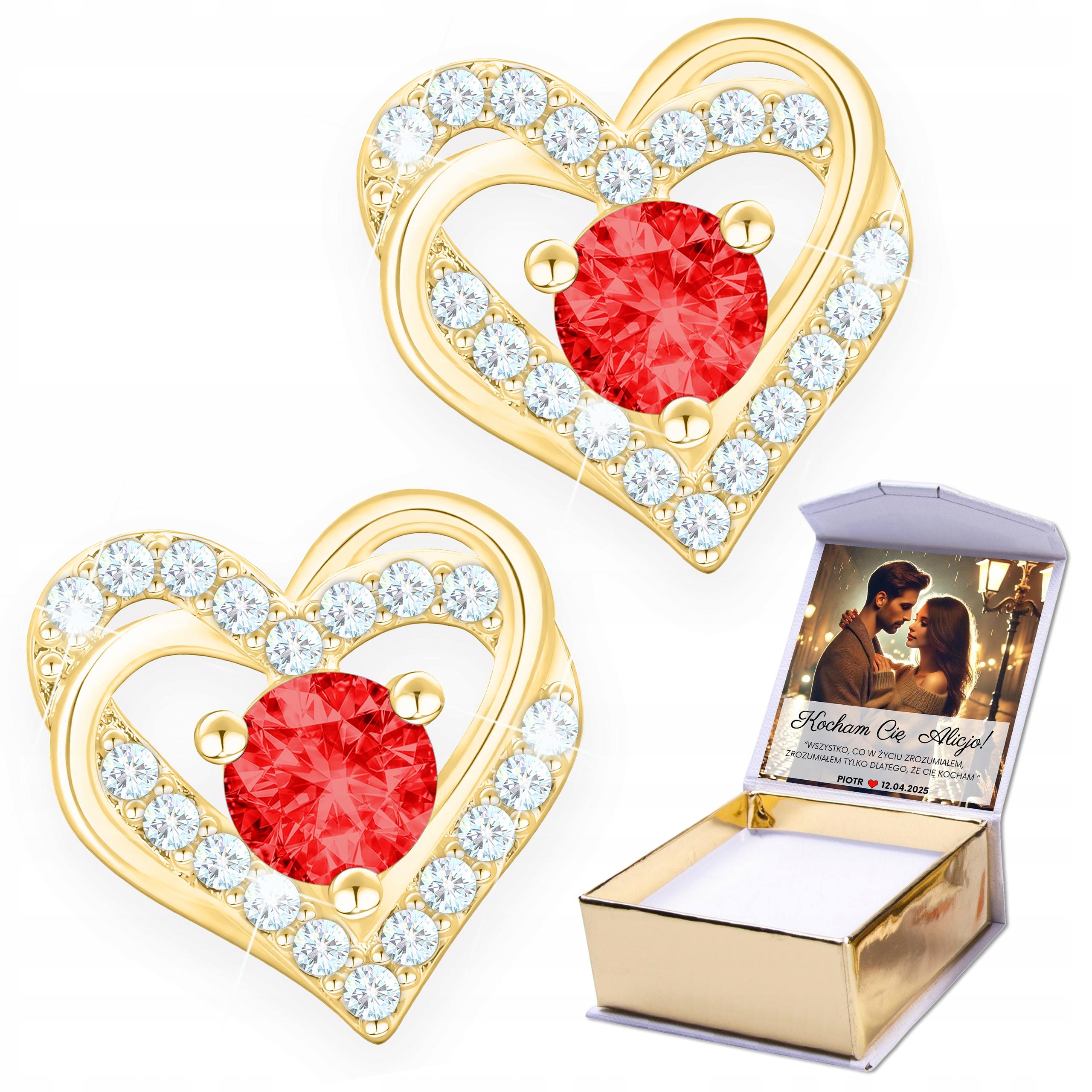 Zlaté Náušnice 925 Srdíčka Lesklá Srdíčka Červené Zirkony Potisk