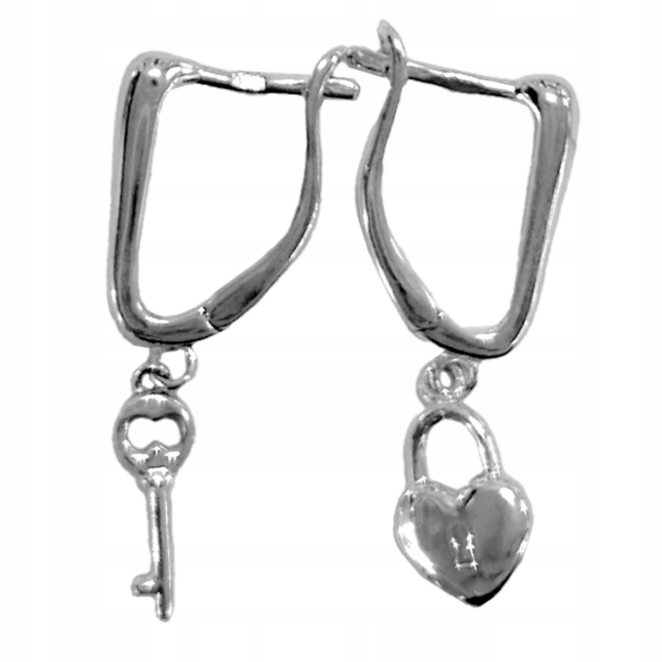 Stříbrné náušnice 925 závěsné s klíčem a srdíčkem bez kamenů, módní