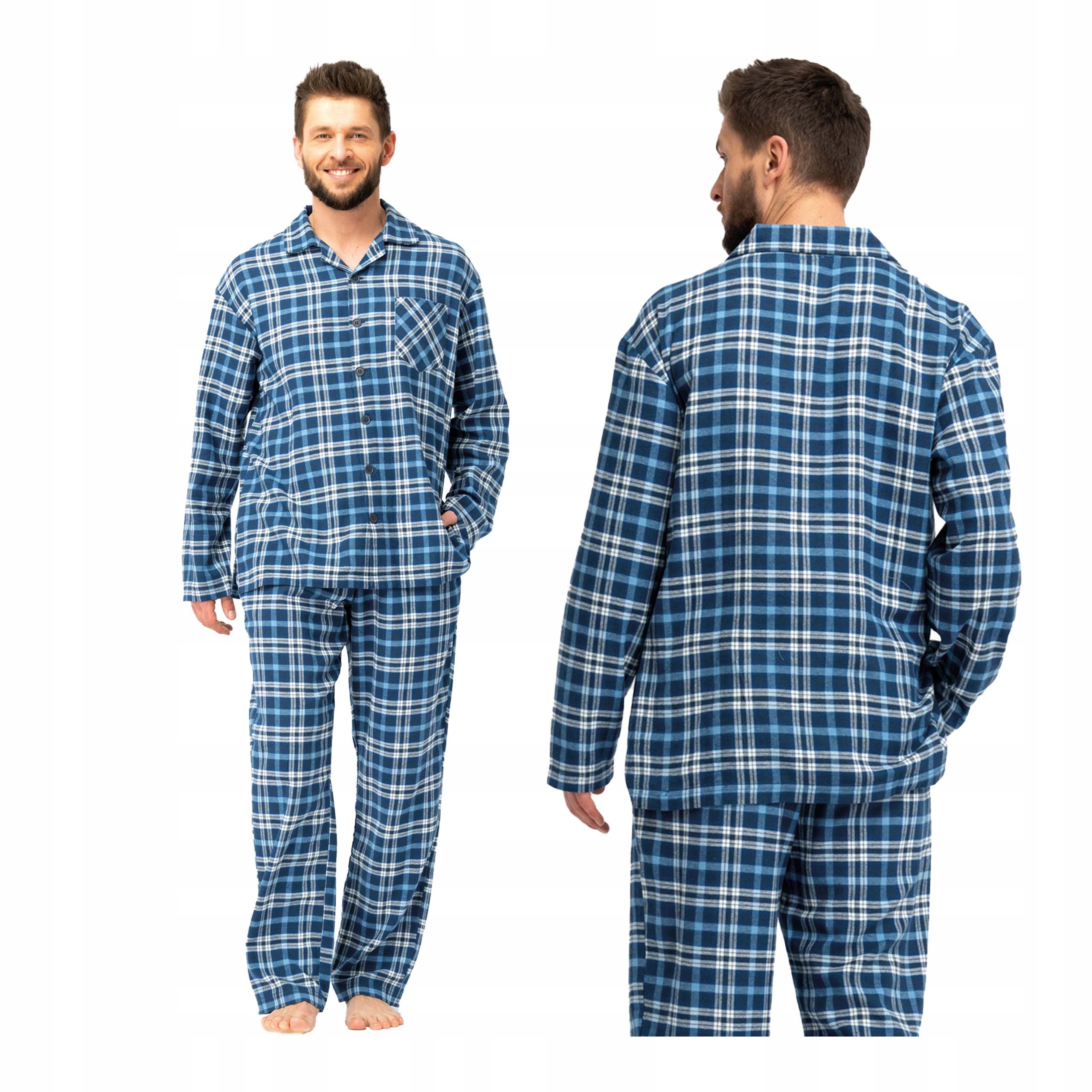 Pánské kostkované pyžamo z flanelu, modré, dlouhý rukáv, kalhoty Key L