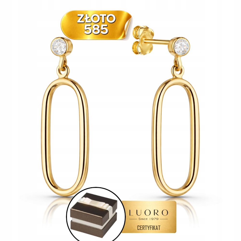 Náušnice Zlaté 585 14K Ovál Se Zirkonem Zapínání Tyčinka 2,4 CM Elegantní