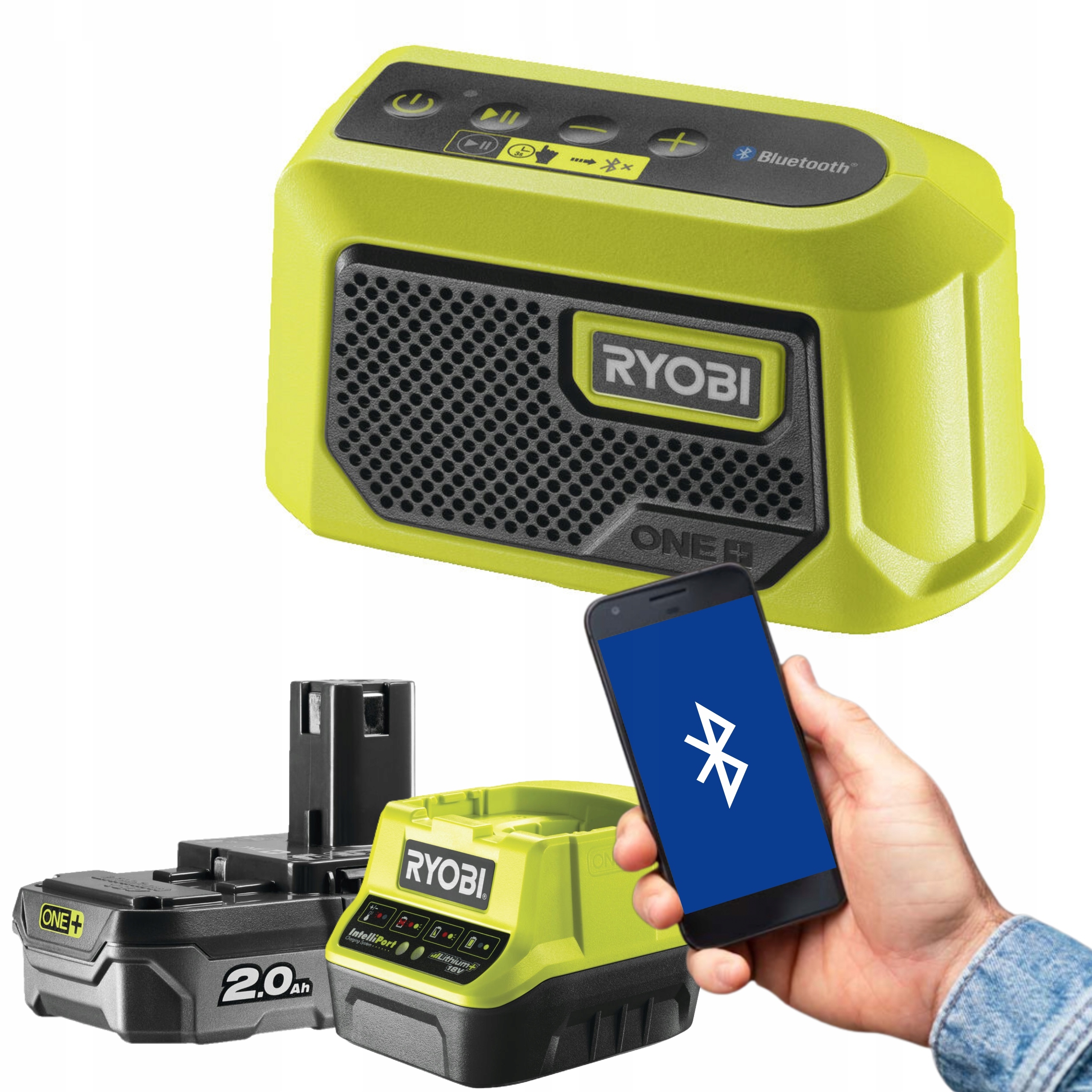 Ryobi Reproduktory Mini 18V One+ Led Reproduktor Bluetooth +2Ah RBTM18-120GL
