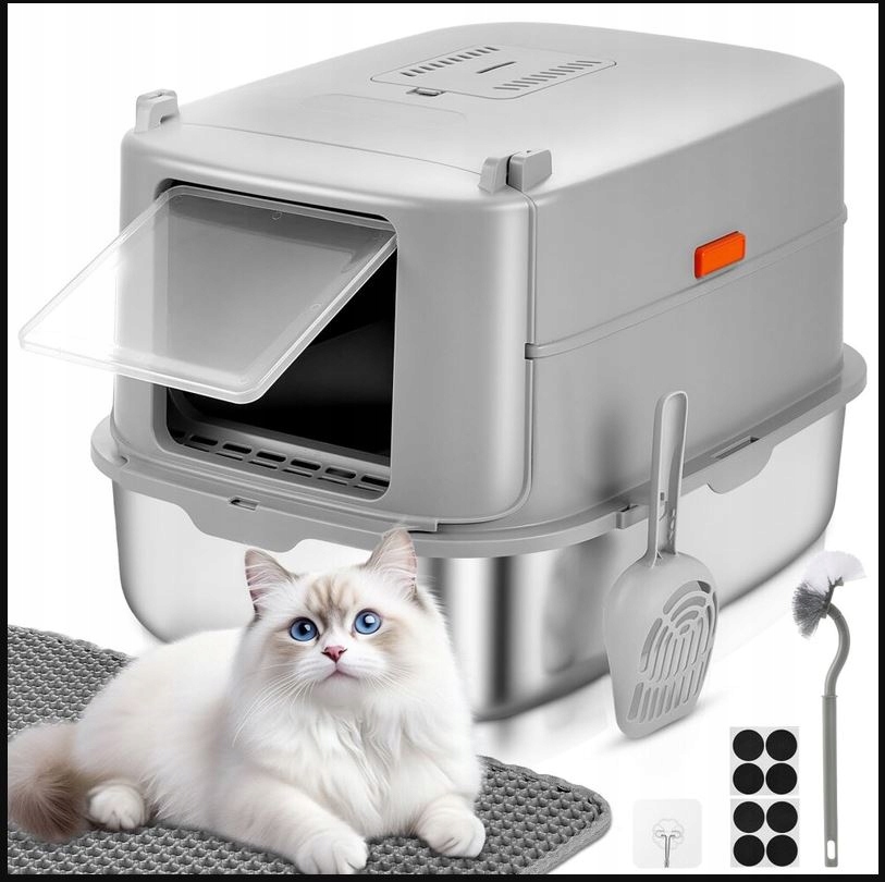 Papettly metalowa kuweta zamknięta z pokrywą dla kota z matą, XXL Duża