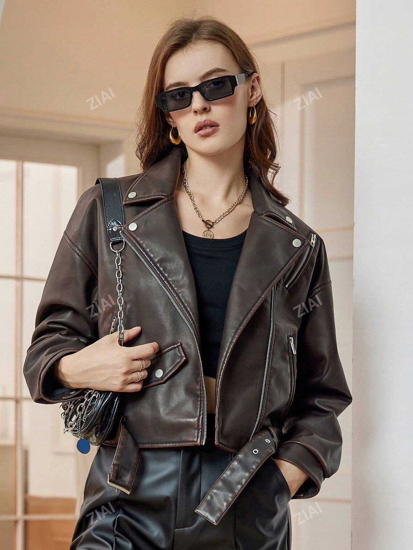 Kožená Bunda Ekologická Kůže Biker Hnědá Casual Ziai M 38