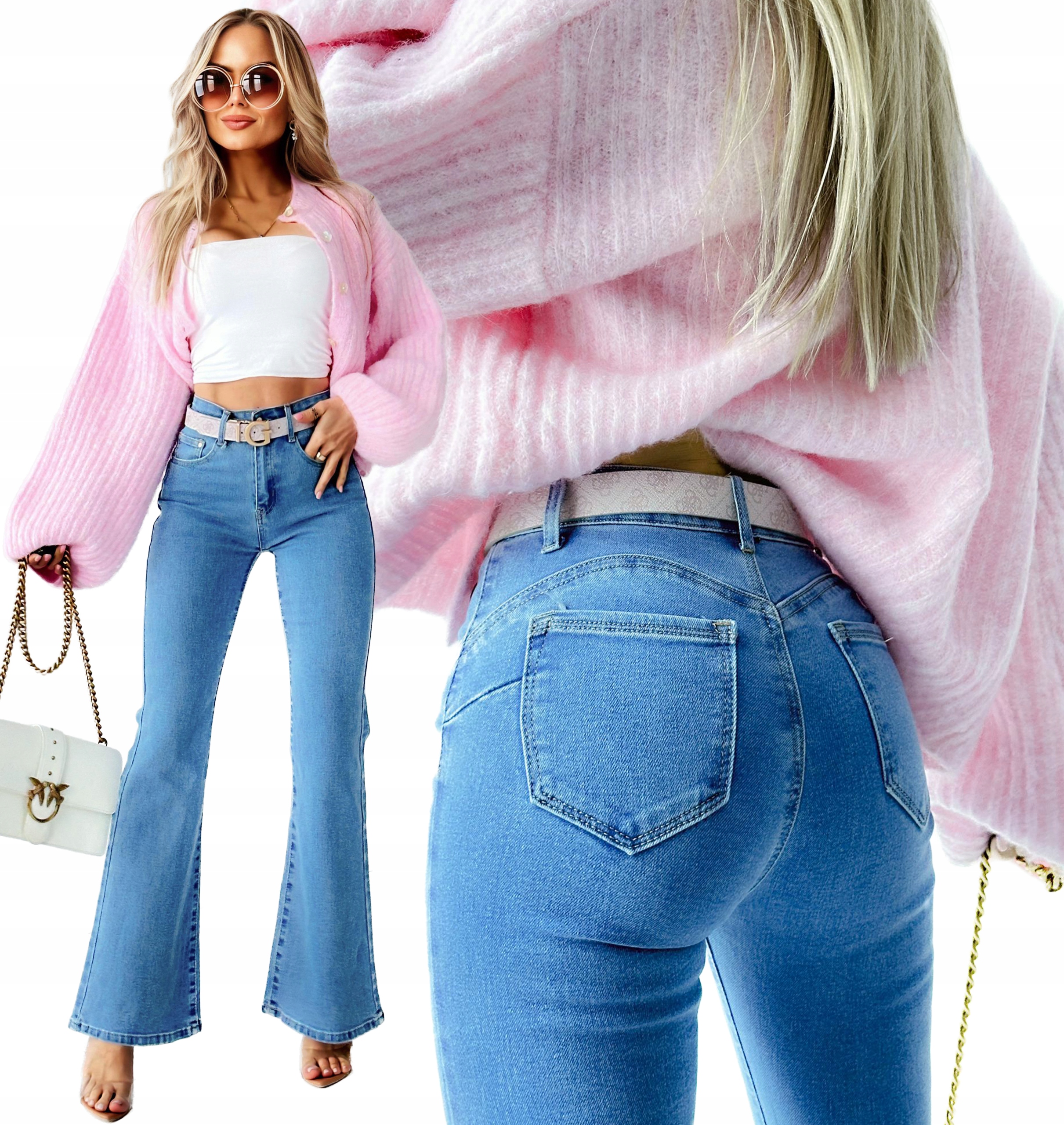 Jeansowe Spodnie damskie Jeansy Dzwony flare fit Push-up L Aisza