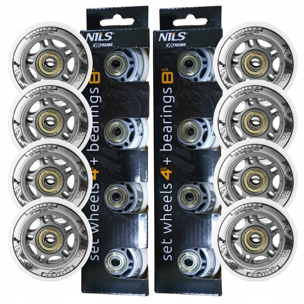Komplet Kółek Do Łyżworolek Kauczukowe 70 mm 8 szt. Łożyska ABEC-7 Białe
