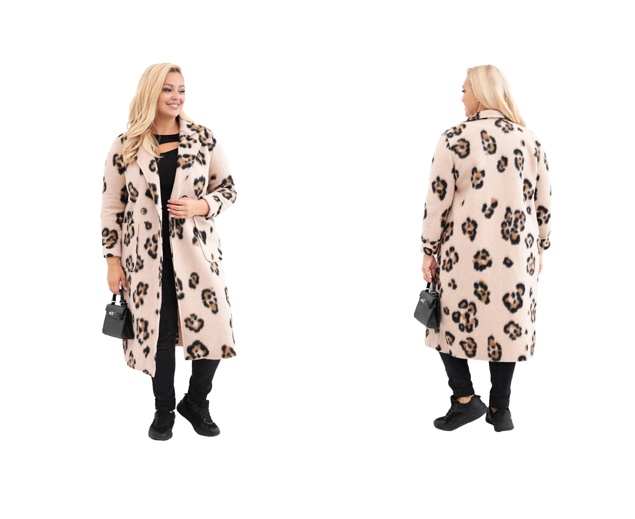 Dámský kabát plus size s leopardím vzorem, dlouhý, s klopami na knoflíky, béžový