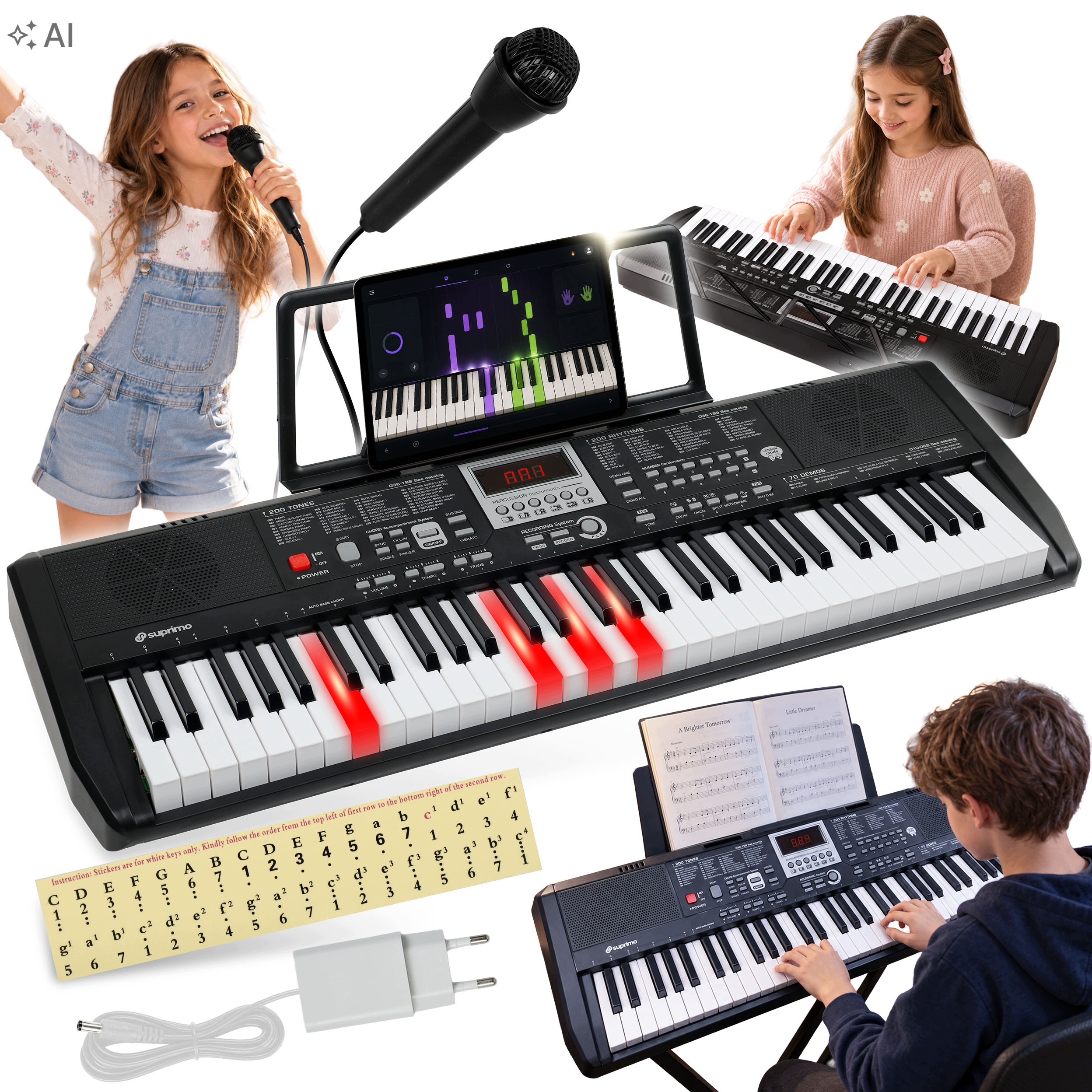 Velká Klávesnice Piano Orgány 61KL Podsvícené Klávesy Samolepky Mikrofon