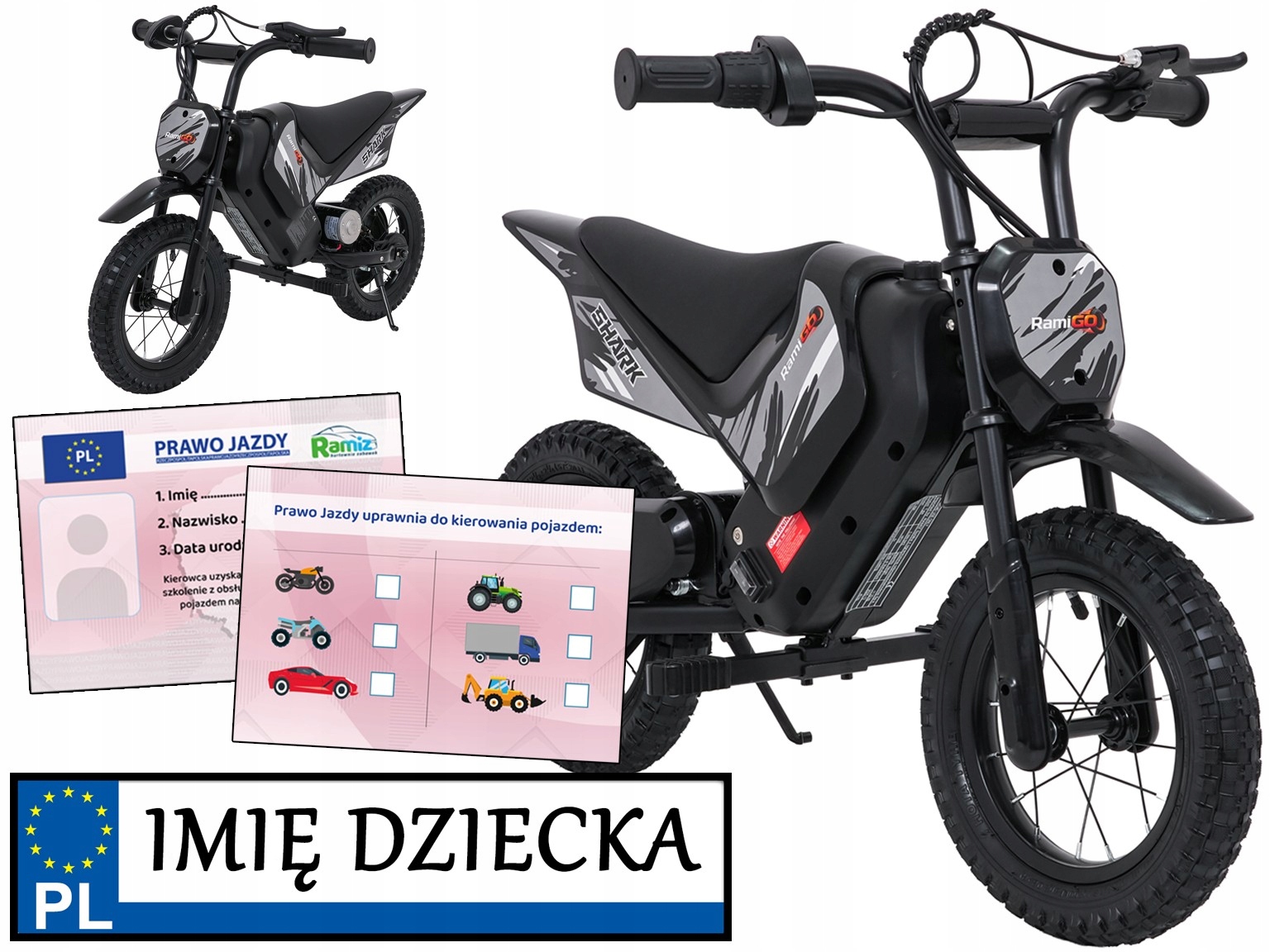 Motor Elektryczny Shark mini cross szybki do 15 km/h 2 Prędkości tablica