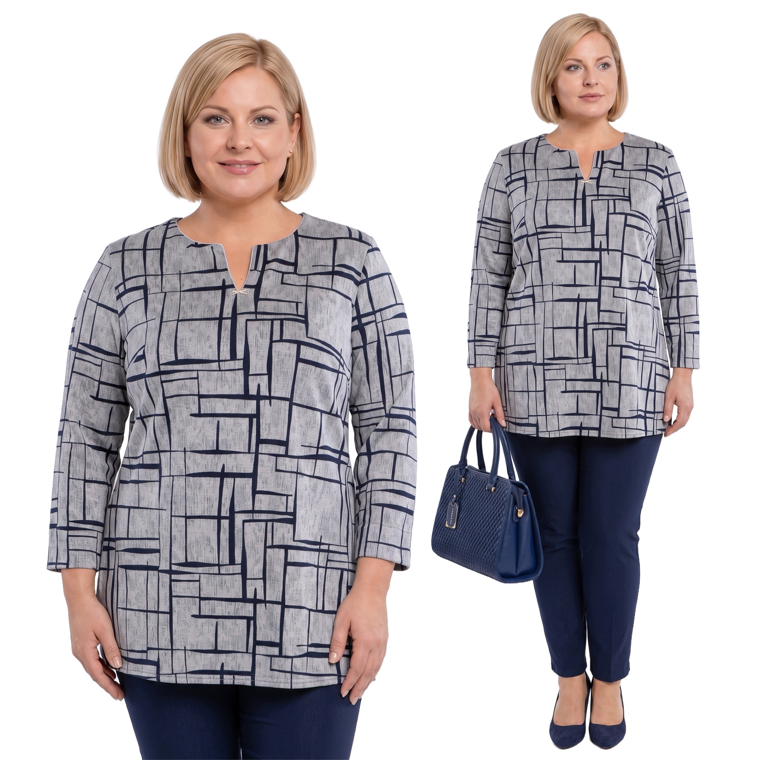 Šedá teplá tmavě modrá halenka s geometrickými vzory plus size velikost 56