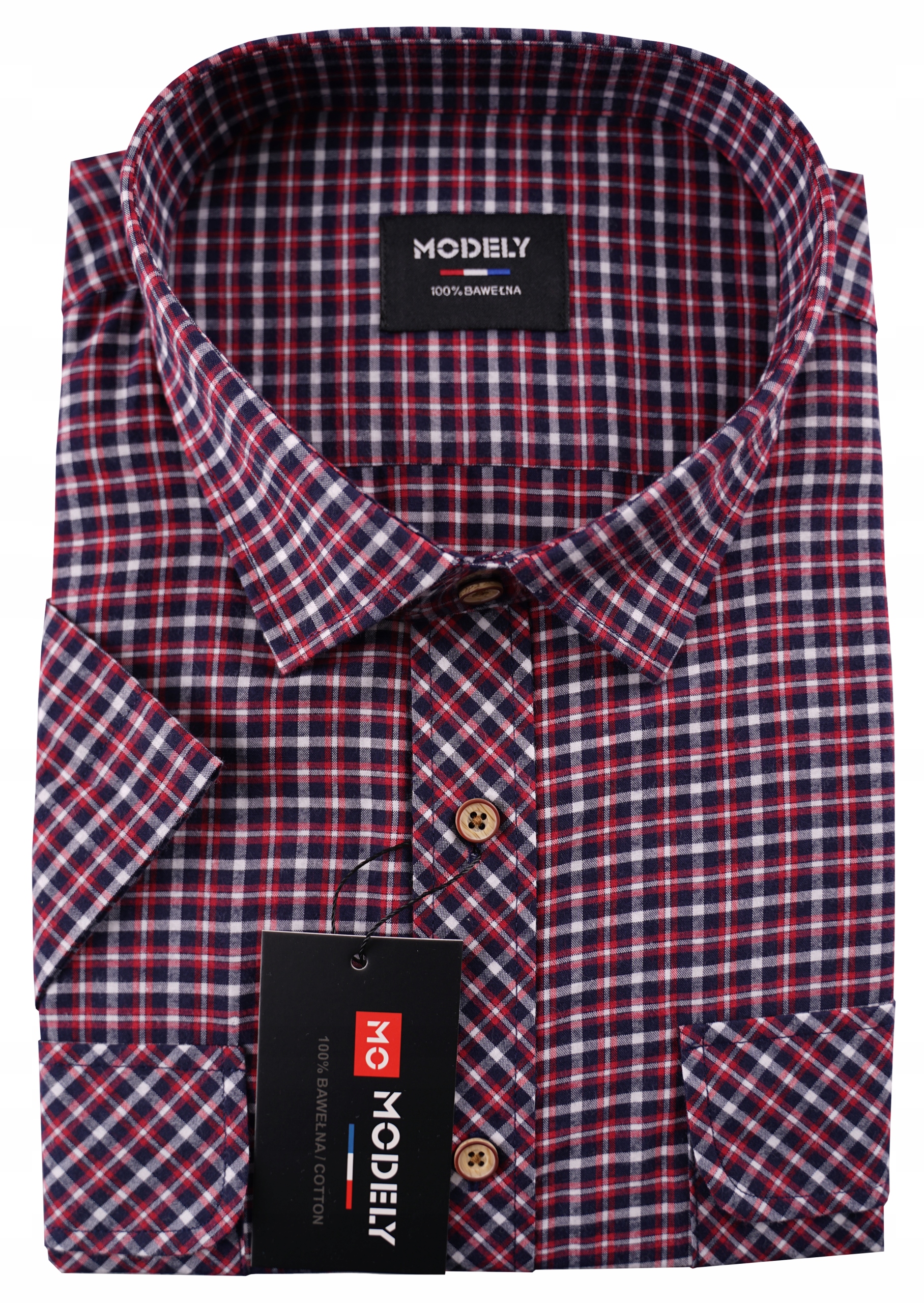 Koszula męska czerwona w kratę krótki rękaw bawełniana kieszenie 7XL 53/54