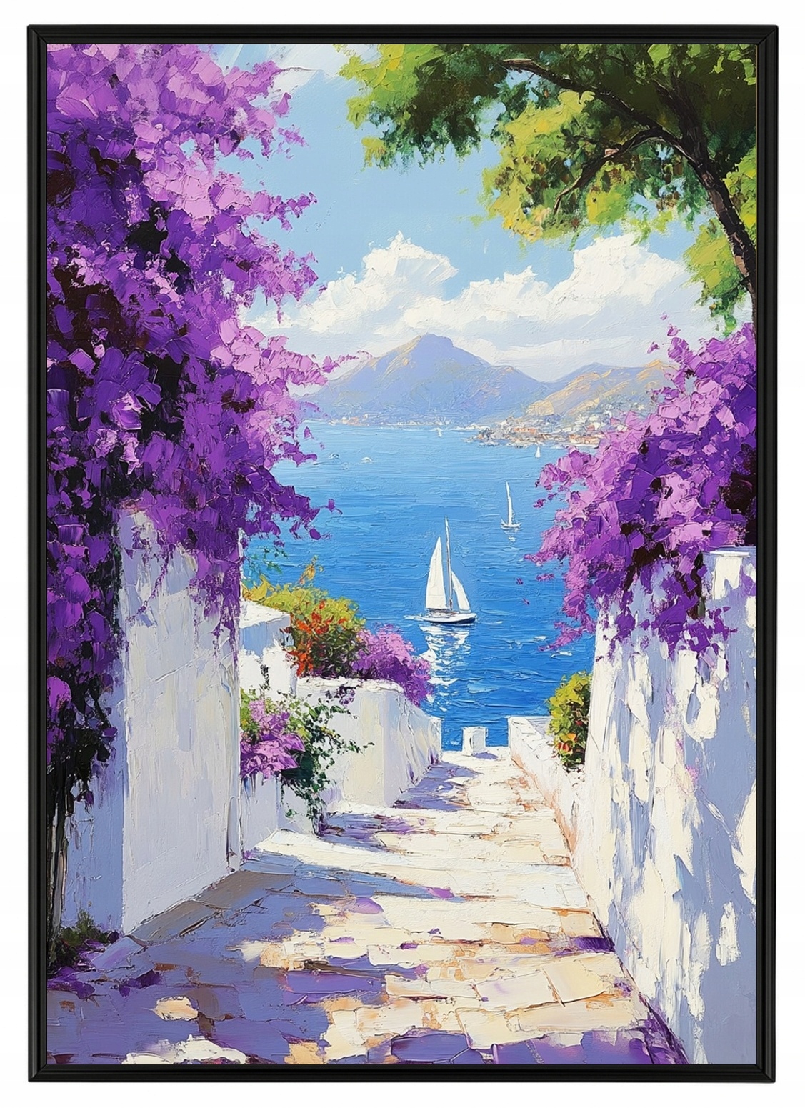 Plakát Rámeček Aluminium Řecko Santorini Ulička Moře Květiny Pohled 70x100