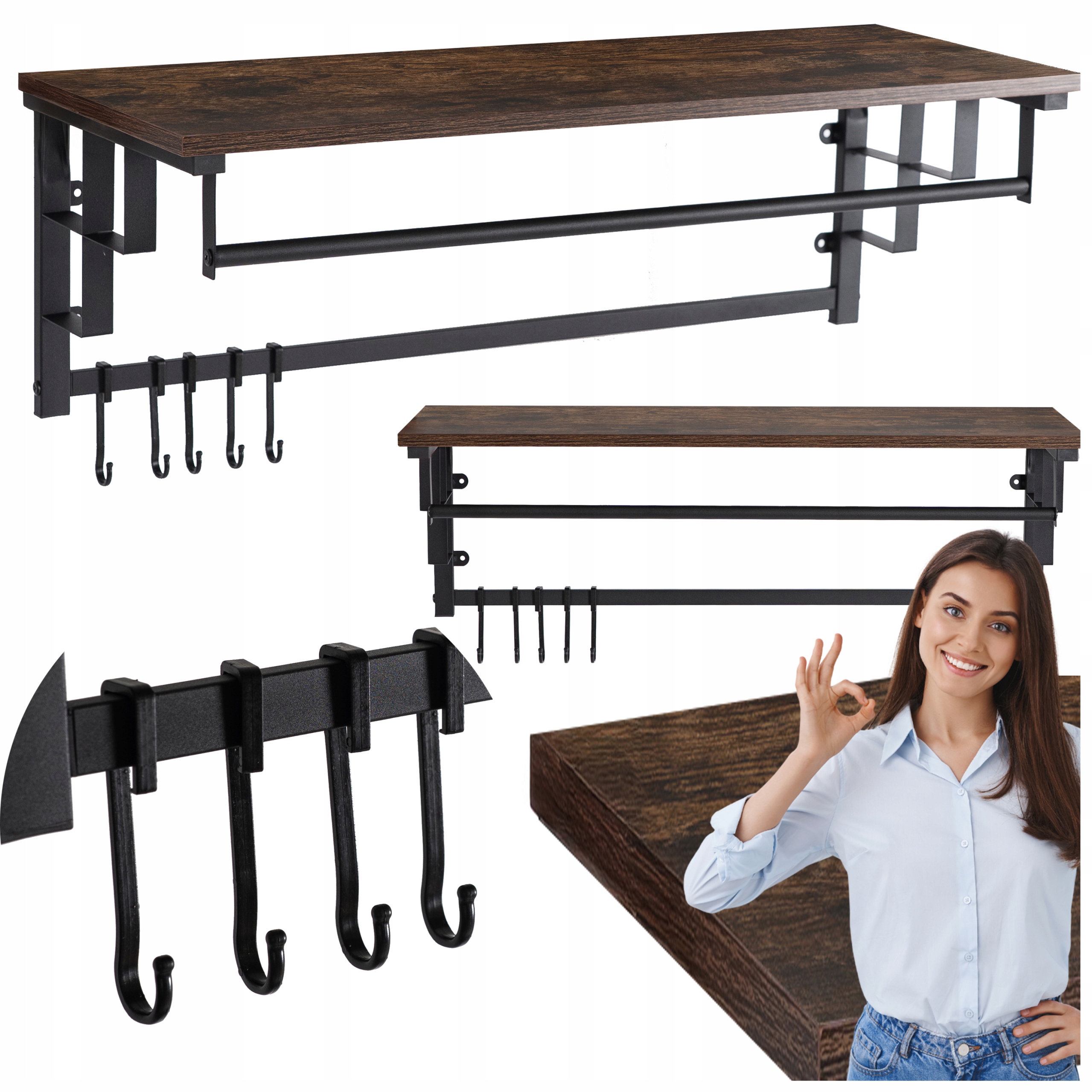 Věšák na zeď do předsíně s poličkou na oblečení Rustikální dub Jace