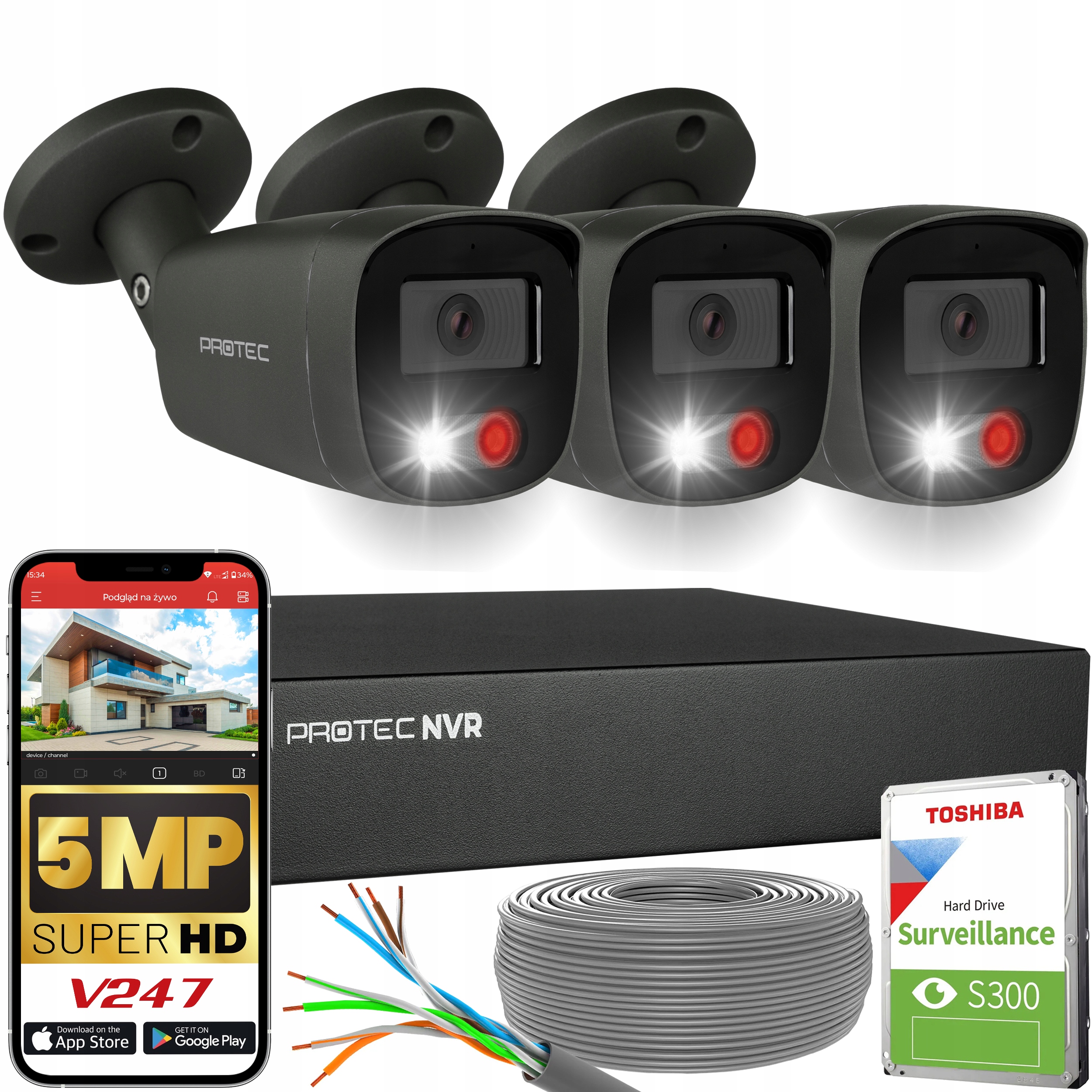 Sada pro monitorování 3 kamer Grafitové 5Mpx Ip PoE Hdd 1TB detekce