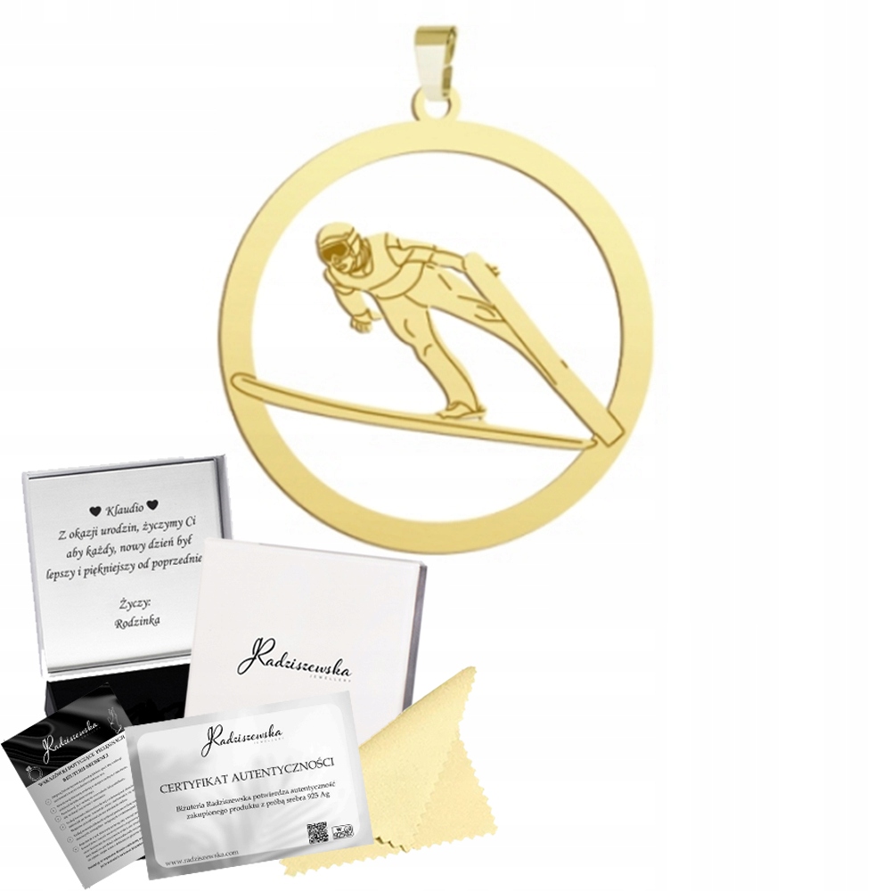 Zlatý Přívěsek Skokan Na Lyžích Skokan Stříbro 925 Dárek Gravírování Bonus