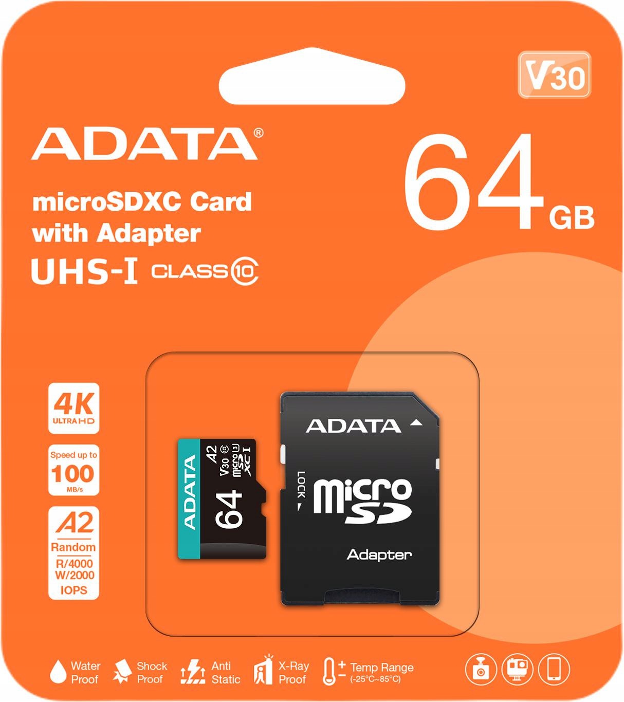 Adata Paměťová Karta Microsd Premier Pro 64 Gb U3 V30 A2 Adaptér