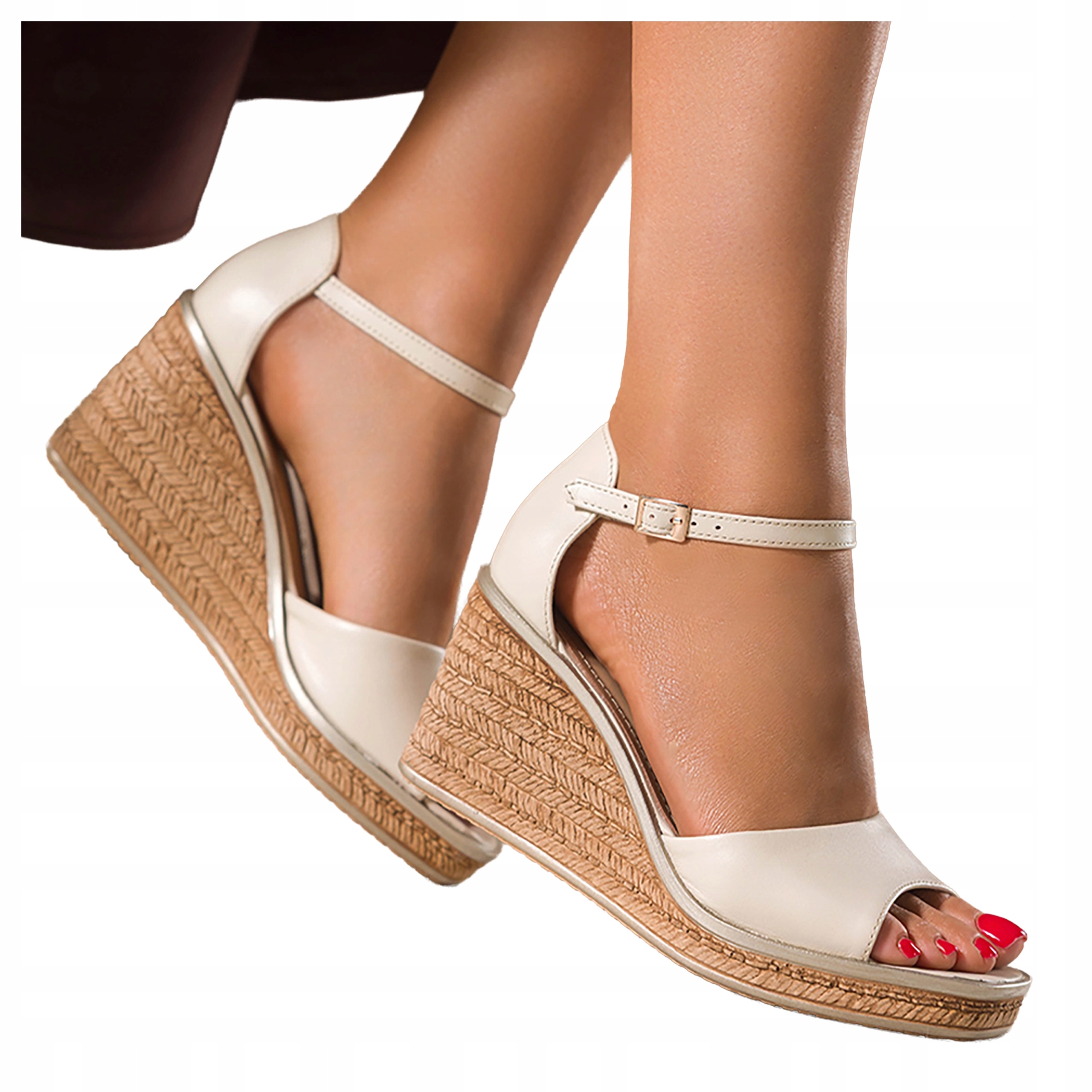 Béžové Sandály Dámské Pohodlné Ozdobné Koturn Zakrytá Pata Kožené vel. 40