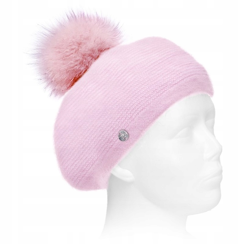 Beret Čepice dámská s přírodním bambulem Jenot Vlněná s Angorou Světle Růžová