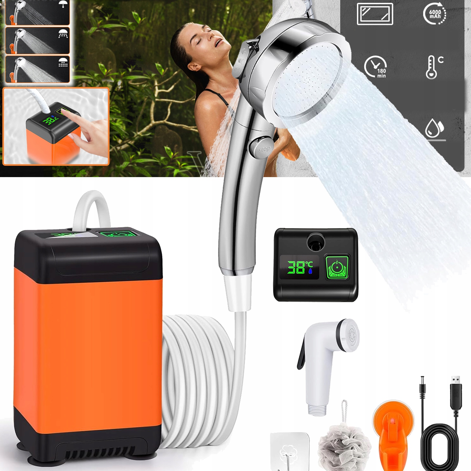 Prysznic Turystyczny Pompka Elektryczna Kempingowy Temperatury LCD Z Pompą