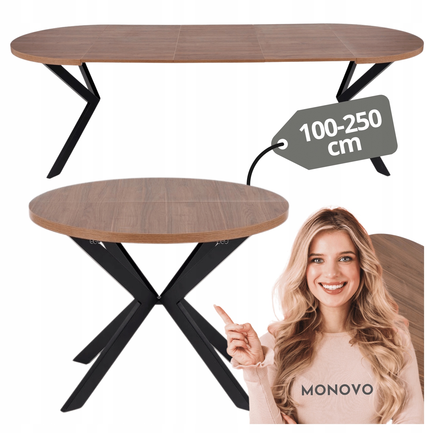 Stół Rozkładany Loft do Jadalni Okrągły 100-250x100 Peroni Orzechowy Czarny