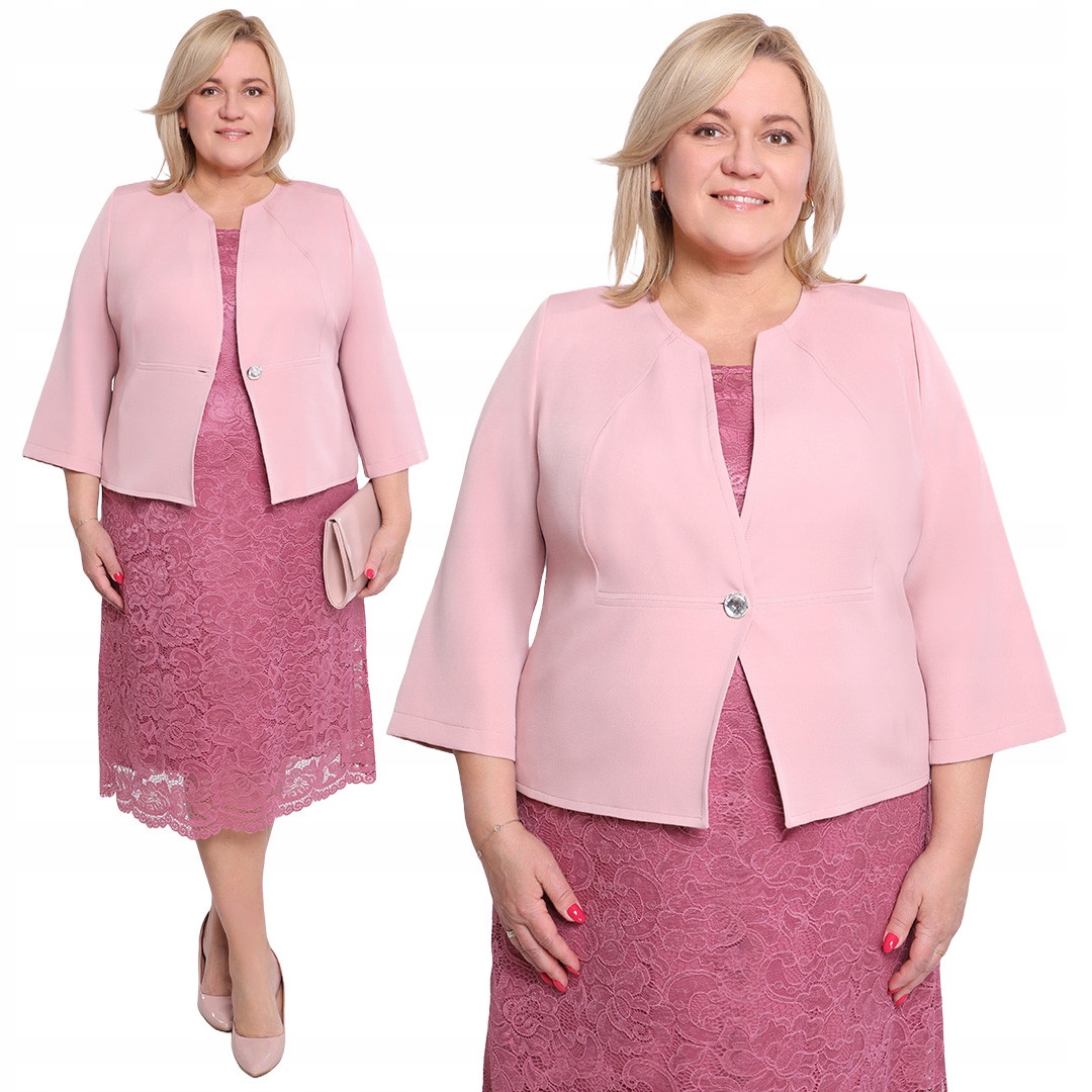 Różowy żakiet z ozdobnym guzikiem plus size rozmiar 56