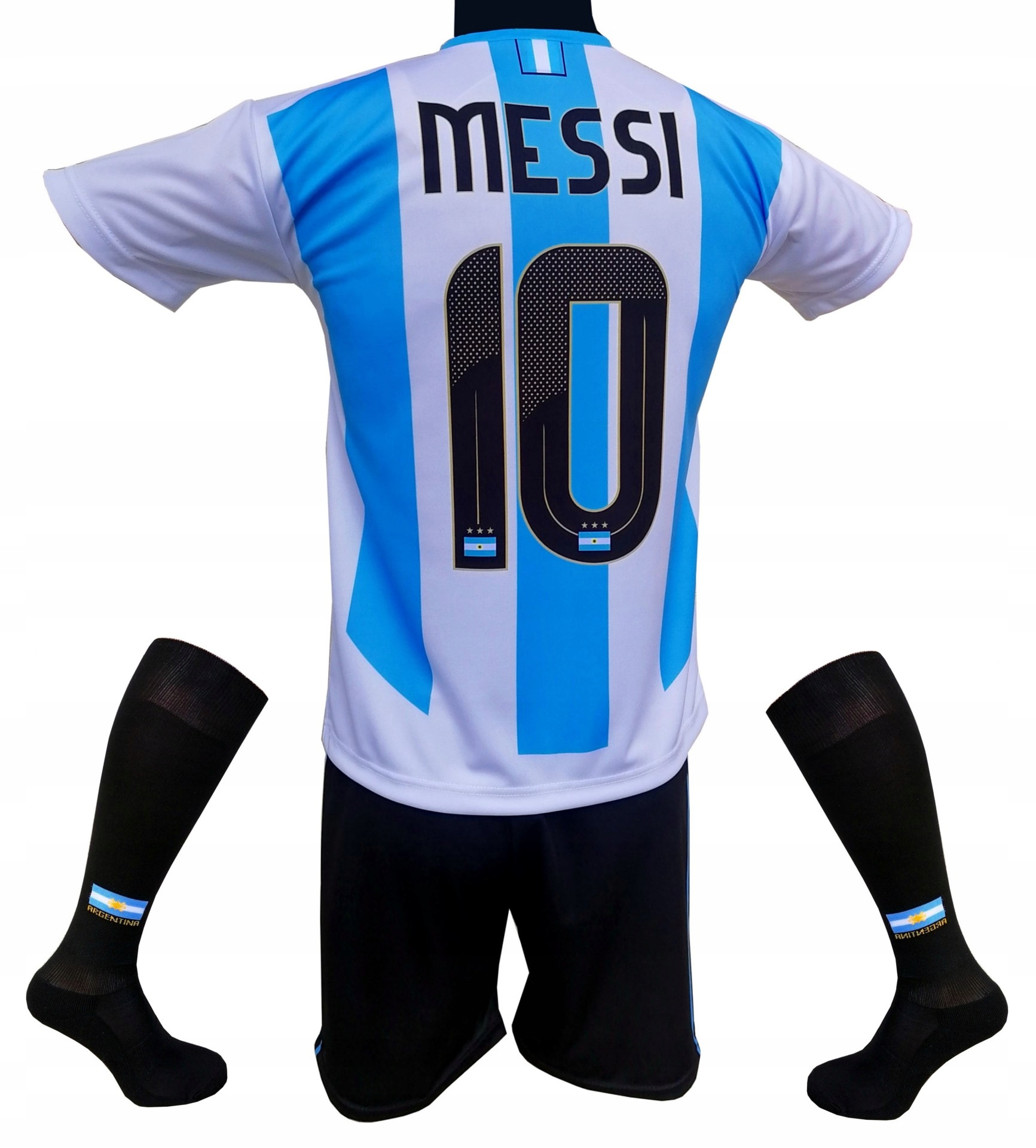 Komplet strój piłkarski koszulka spodenki getry Messi Argentyna :: 140 cm