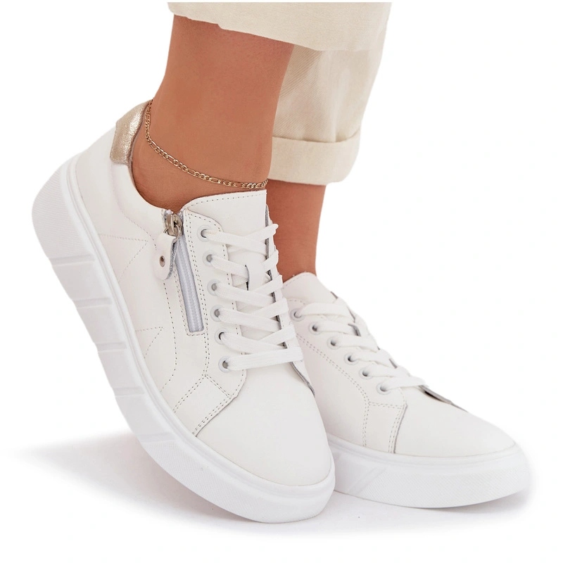 Dámské Polobotky, Přírodní Kůže, Šněrovací, Zip, Bílé, Velikost 37