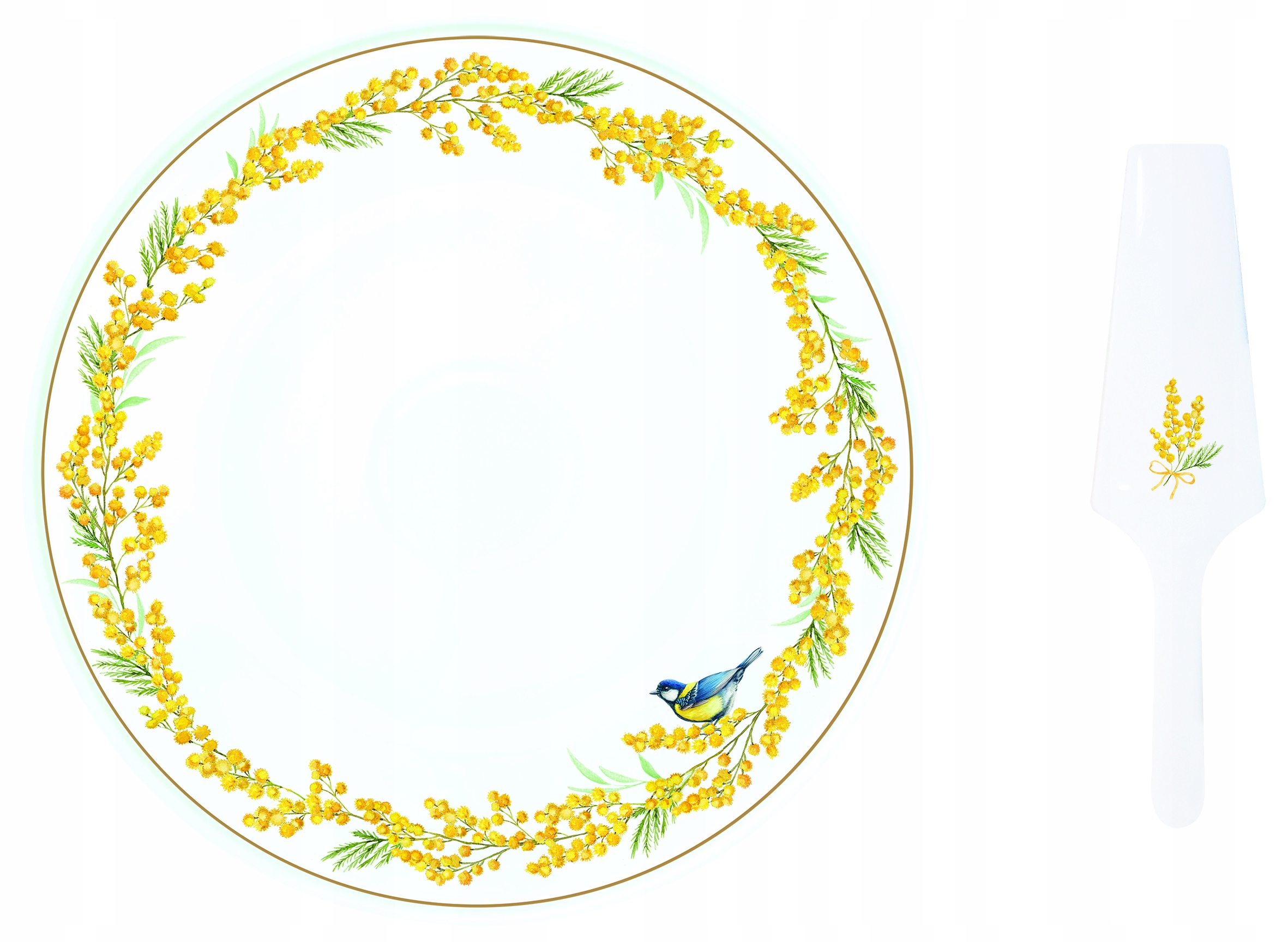 Porcelánová miska na koláč s lopatkou, tanier 32 cm, mimóza a sýkorka