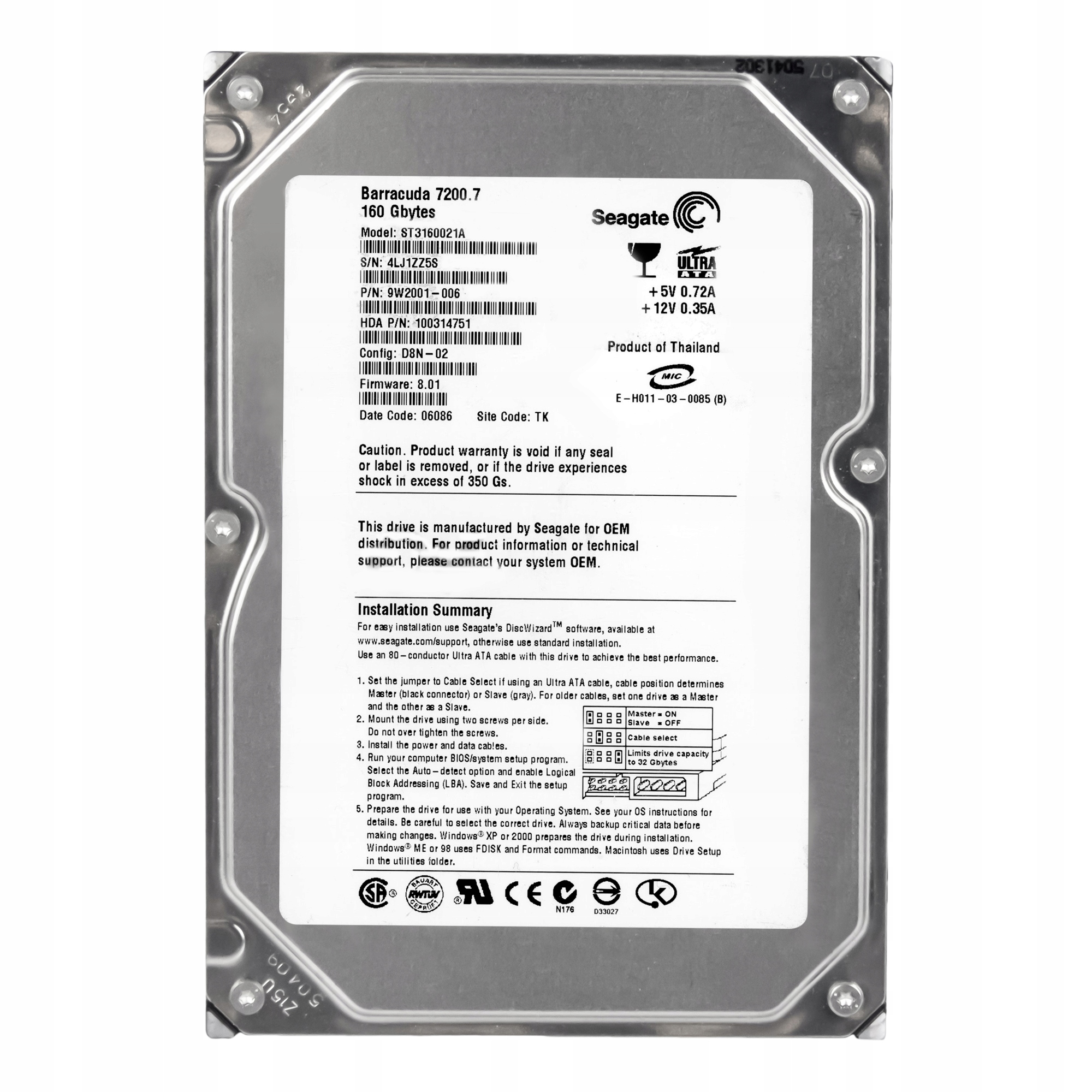 

Seagate 160GB 7.2K 2MB Ata 3.5'' ST3160021A