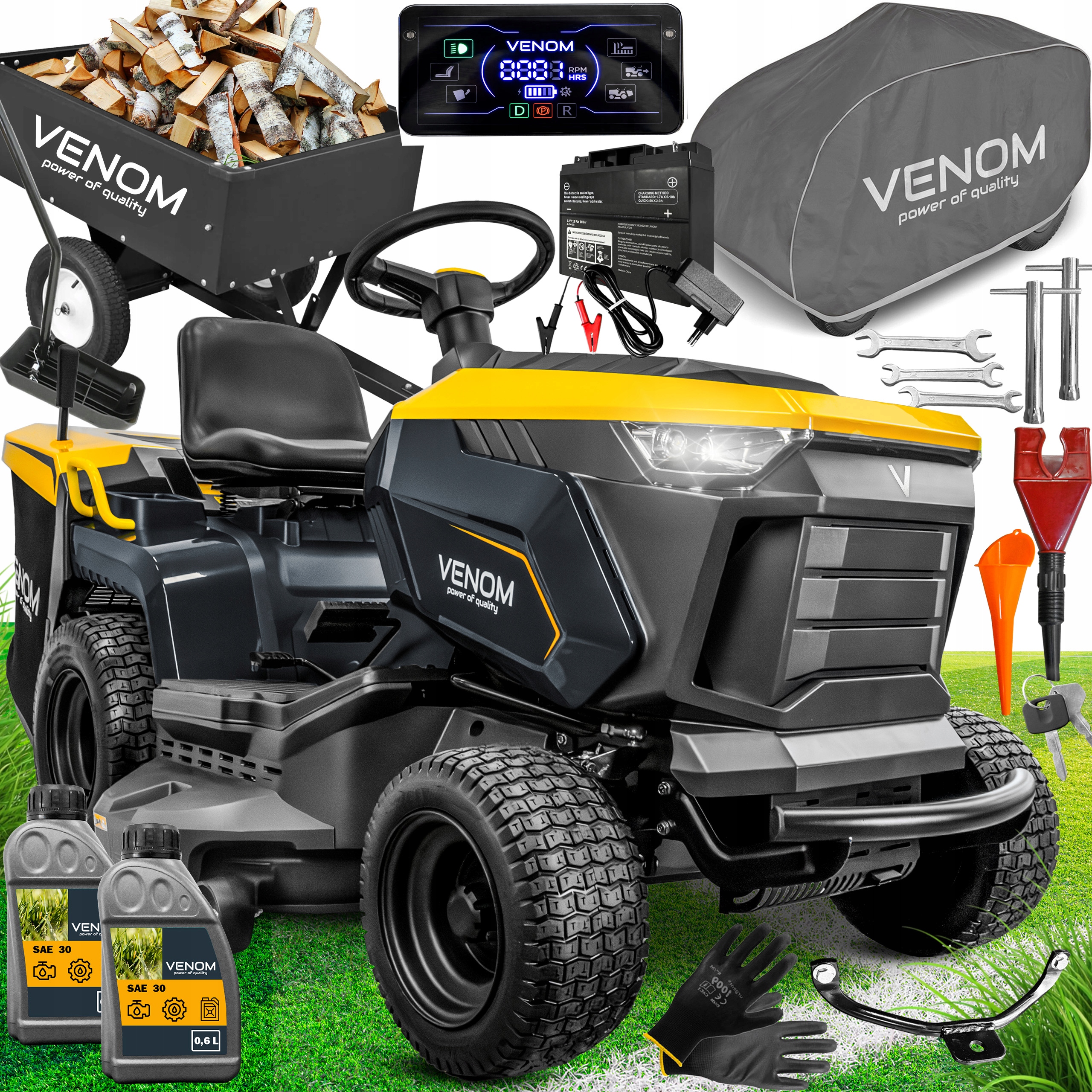 Výkonný Zahradní Traktor Venom Loncin 18,5 Km Hydrostat Mulčovač Přívěs