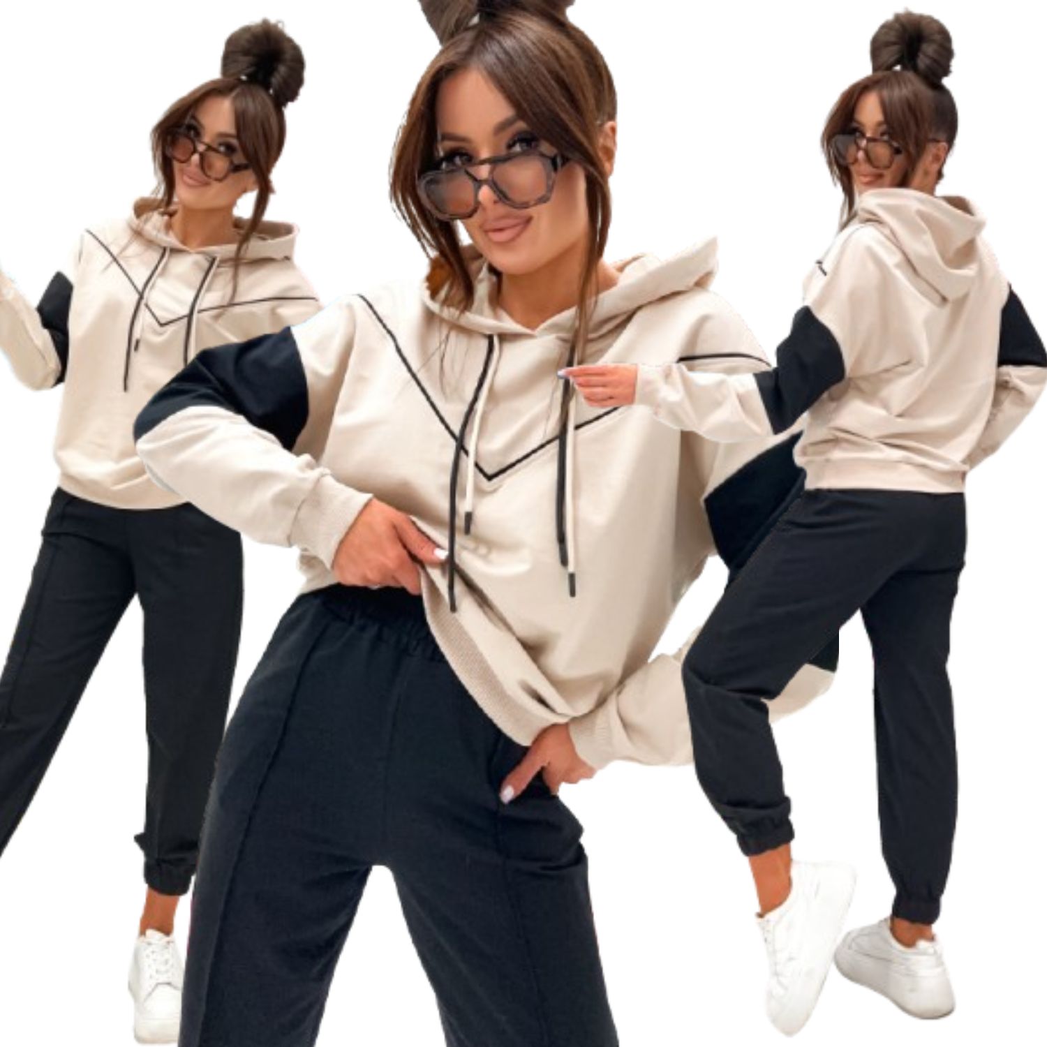 Dres Damski Bawełniany Komplet Bluza Z Kapturem Spodnie Joggery Modny S/m