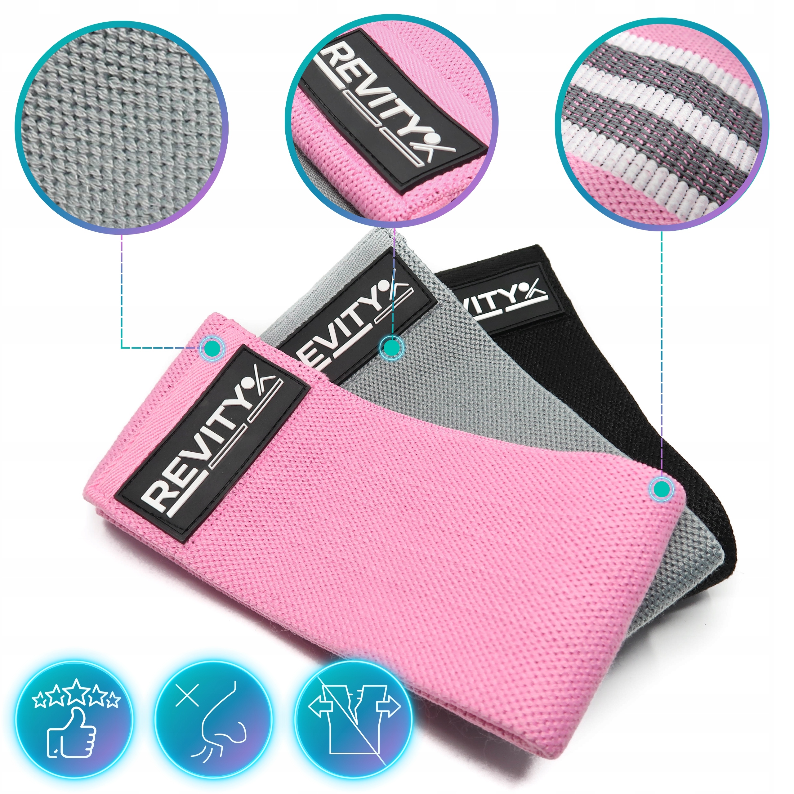 GUMY DO ĆWICZEŃ MATERIAŁOWE TAŚMY MINI HIP BAND ZESTAW 3 GUM NA POŚLADKI Marka Revity