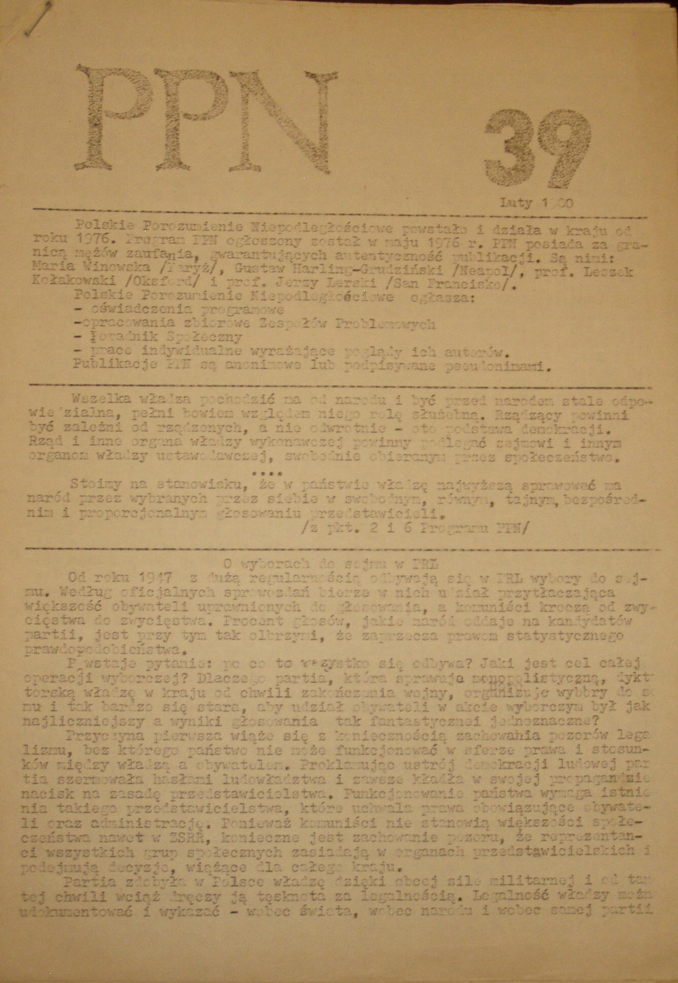 PPN POLSKIE POROZUMNIENIE NIEPODLEGŁOŚCIOWE nr 39, II 1980