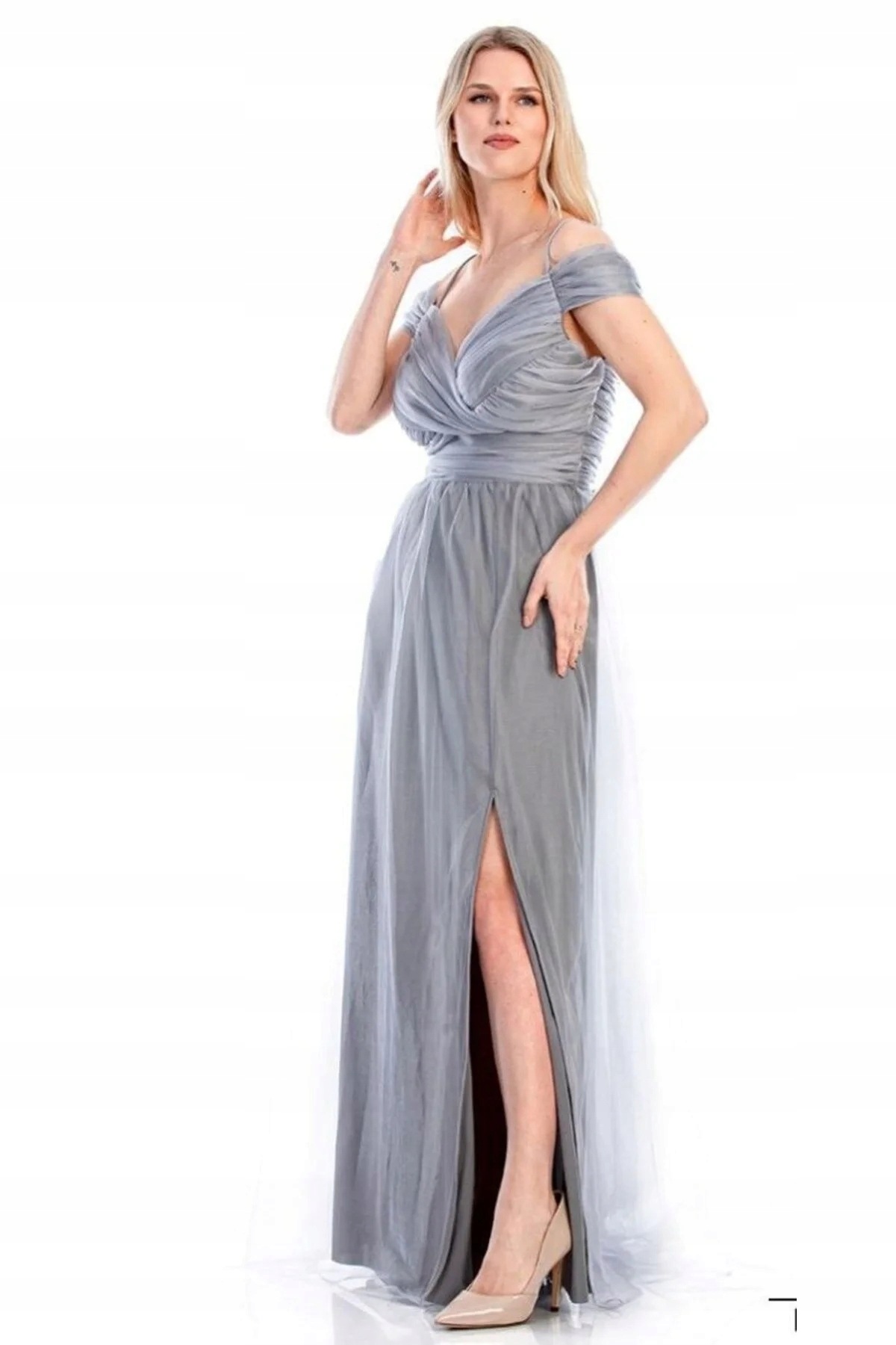 Elegantní Šedé Šaty S Vráskami A Rozparkem, Velikost XL 5IA