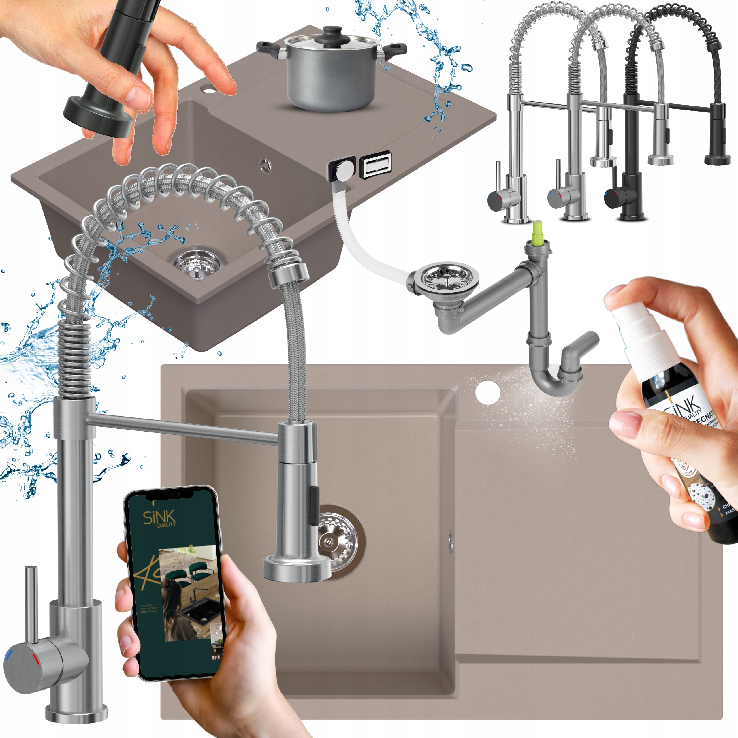 Granitový Jednokomorový Drez béžový s odkvapkávačom a Batériou Sifón 8v1