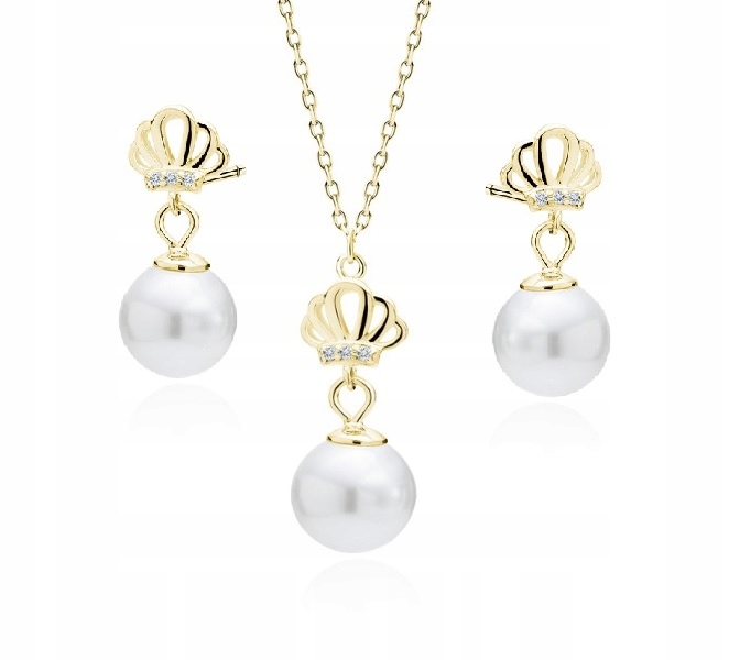 Stříbrný Komplet 925 Pozlacený Perla s Zirkony Koruna Klasická