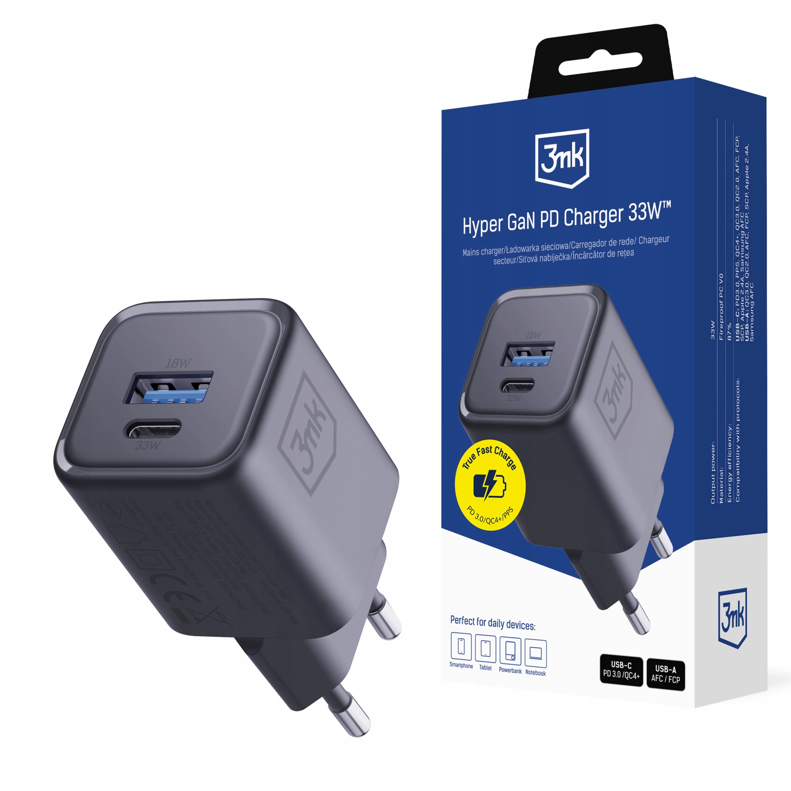 Síťová nabíječka 3MK Hyper Charger Pd 33W GaN QC4+ Usb A Usb C černá
