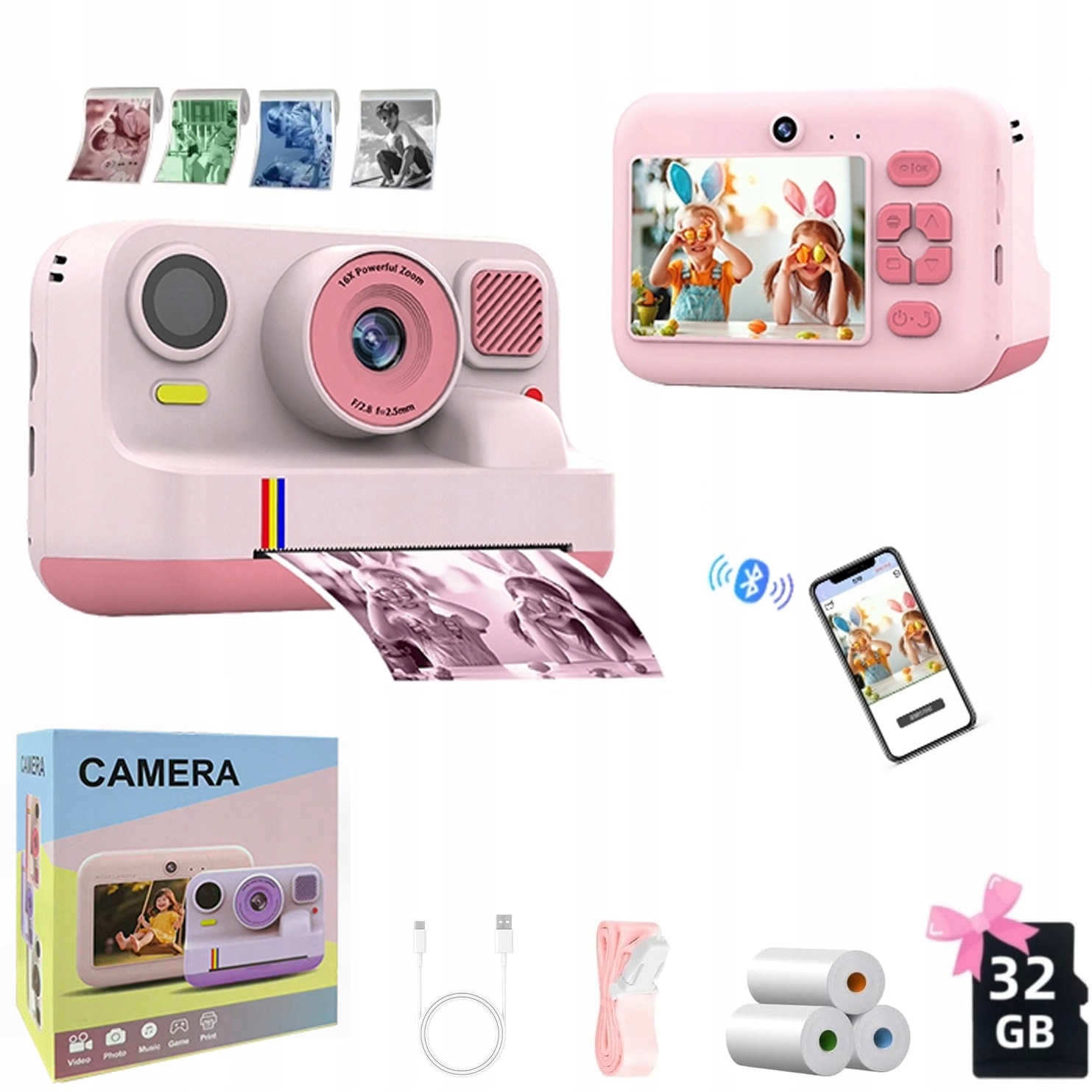 Instantní Fotoaparát Pro Děti 3v1 Tisk Selfie 180° MP3 Hry Bonus