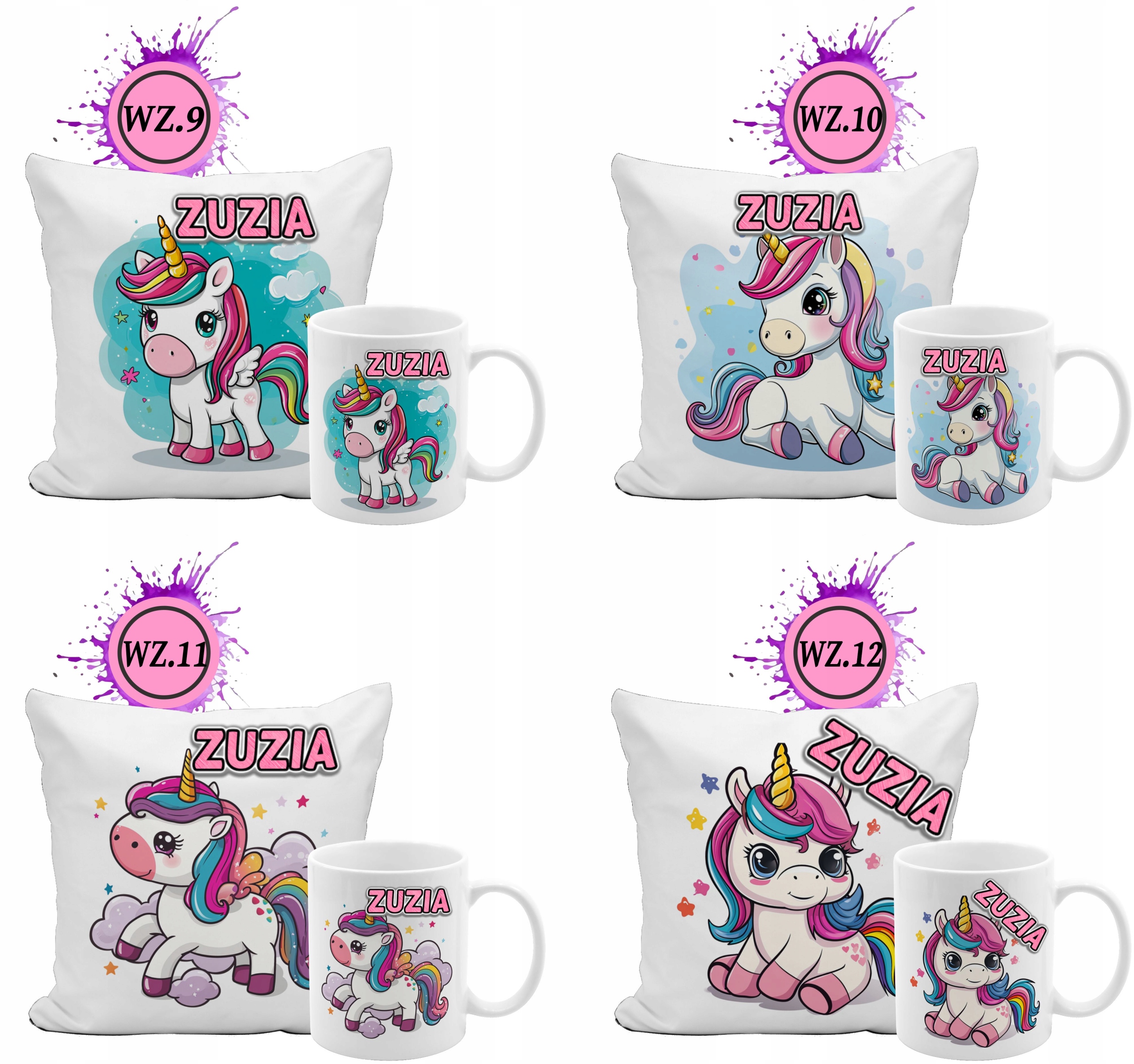 Zestaw kubek poduszka Unicorn, Jednorożec + dowolne imię tekst na prezent Pojemność 330 ml