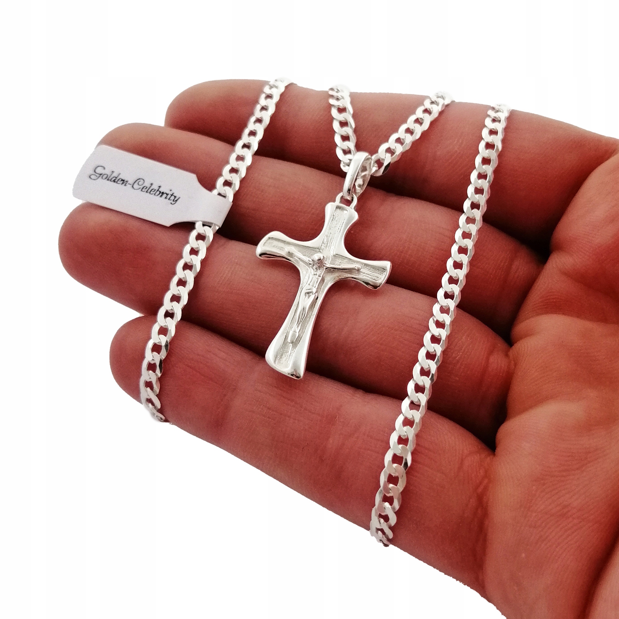 SREBRNY ŁAŃCUSZEK KOMUNIJNY + KRZYŻYK JEZUS CHRYSTUS 925 + GRAWER CHRZEST Marka Golden Celebrity