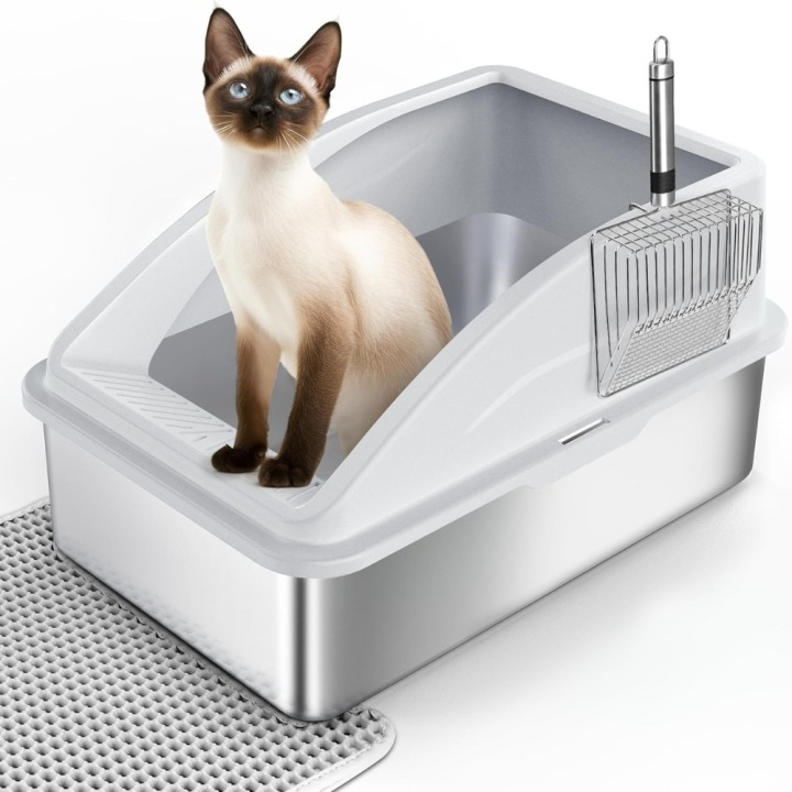 Furtime Kočičí Toaleta z nerezové oceli XXL pro kočky 60×40×31 cm Mata a Lopatka