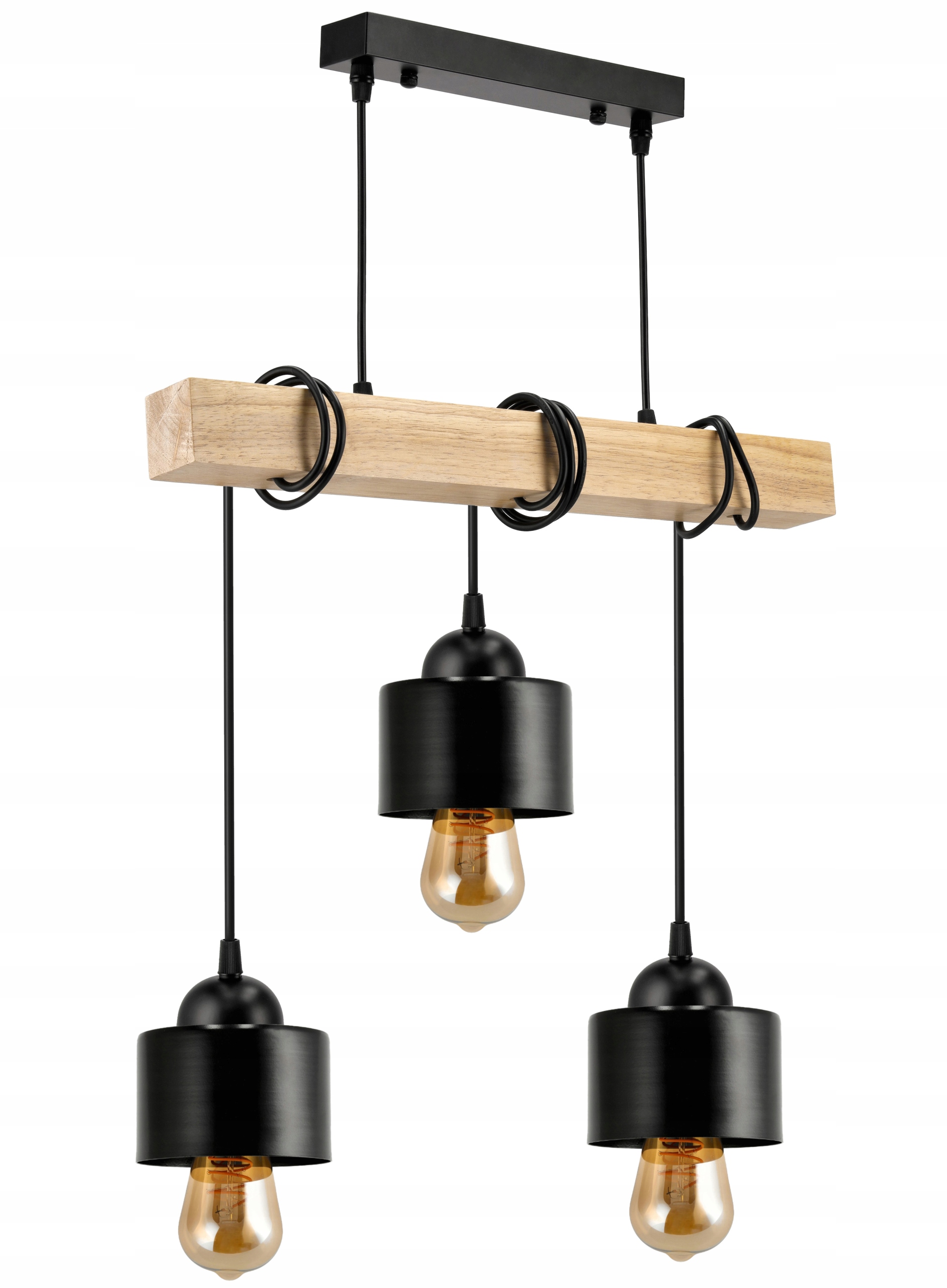 Lampa Sufitowa Wisząca Led Drewniana Belka 3xE27 Żyrandol Loft Kubek Czarny