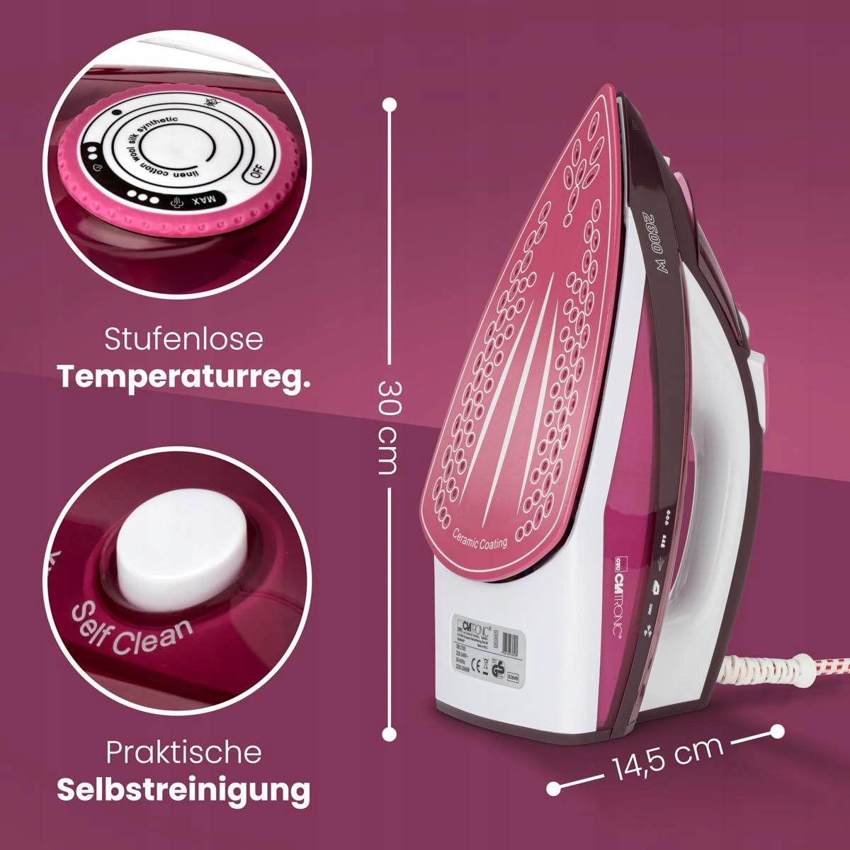 CLATRONIC Żelazko Parowe 2600W Ceramiczna Stopa 350ml — miniatura 7