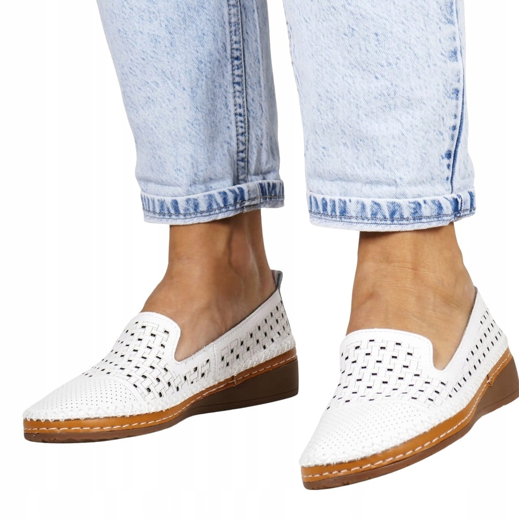 Bílé Dámské Mokasíny, Kožené Nazouvací Polobotky Na Klínku, Pohodlné