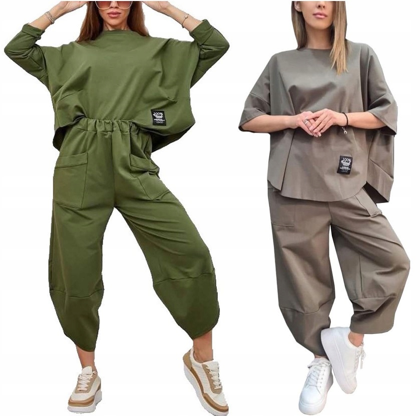 ELEGANCKI WŁOSKI KOMPLET BAWEŁNIANY BLUZA SPODNIE DRESOWY OVERSIZE U