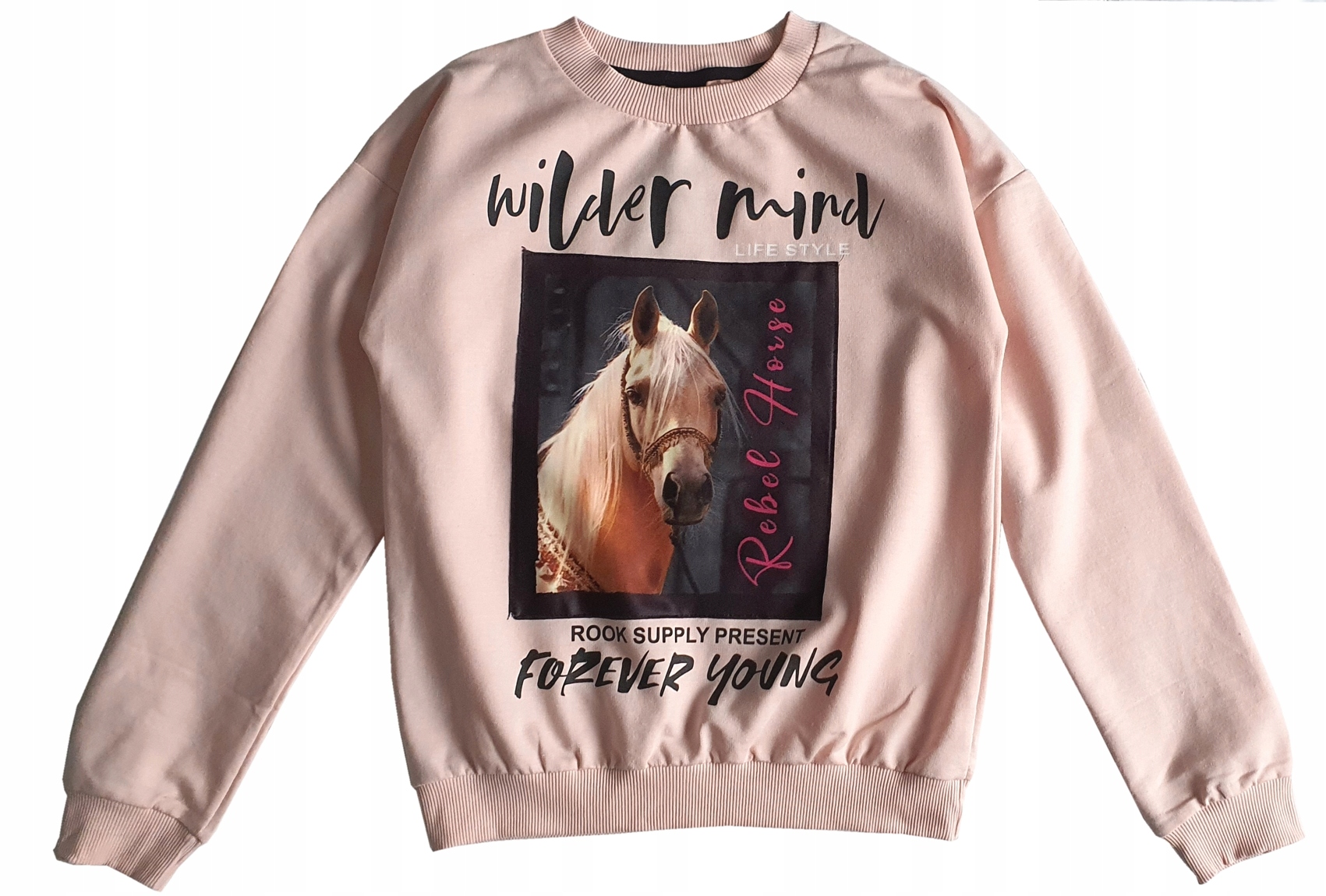 

Moda Kids pudrowa Bluza z koniem Napisy 116/122