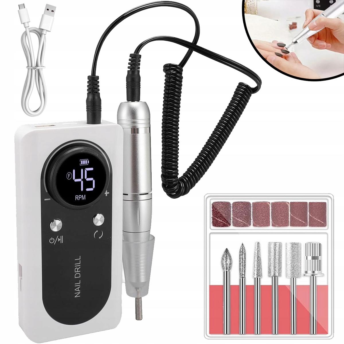 Bruska Na Nehty Manikúra Pedikúra Profesionální Sada Fréz 2000 mAh