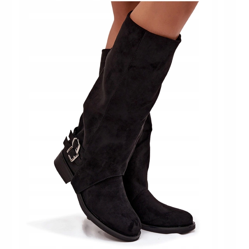 Dámské Kozačky Eko Semiš Plochý Podpatek Zateplené Pásky S Přezkami Černé 39